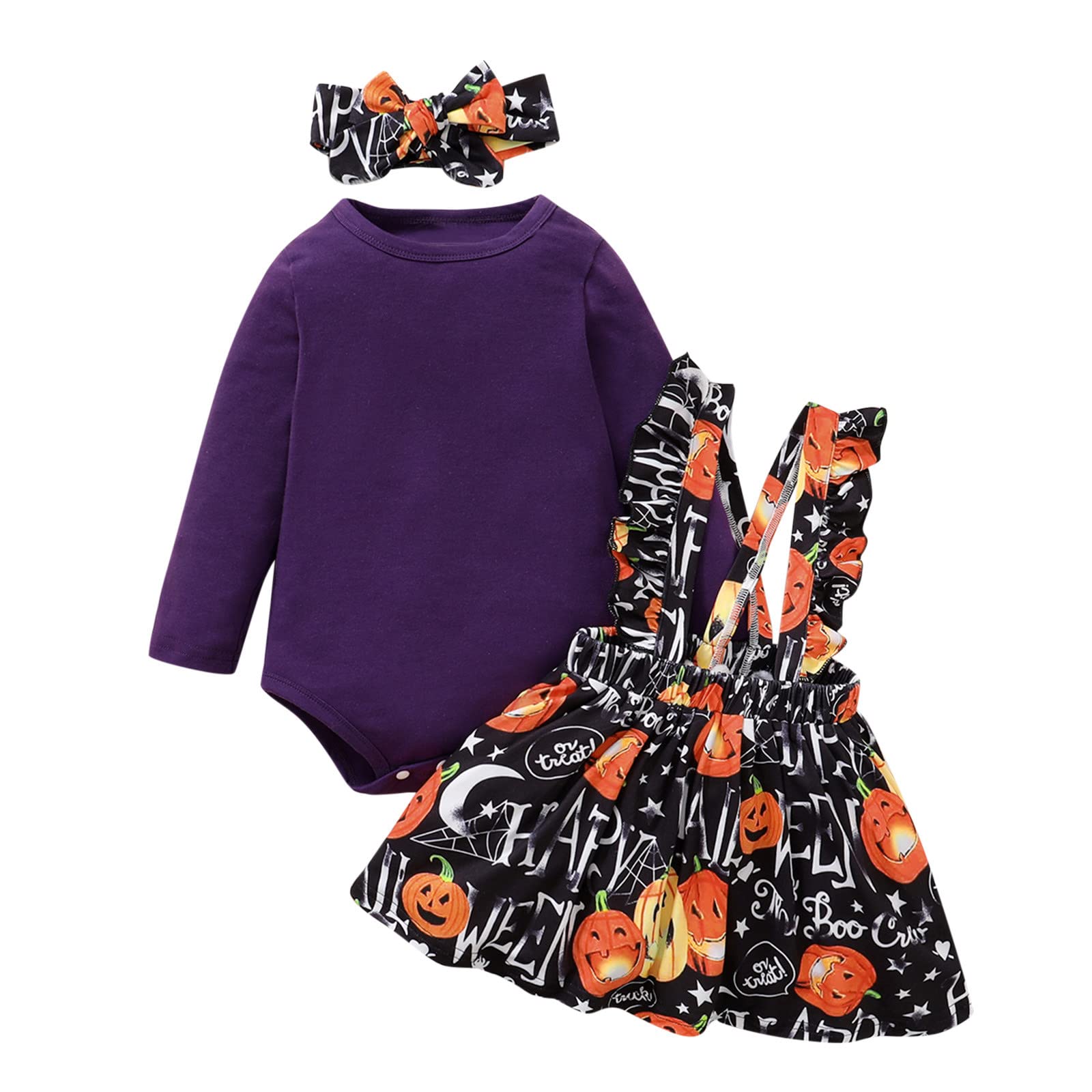 Adorable Newborn Baby Girl Halloween Outfit Set - Long Sleeve Romper with Cartoon Prints, Suspenders, Skirt & Headband | Perfect for Halloween Parties, Photo Shoots & Special Occasions