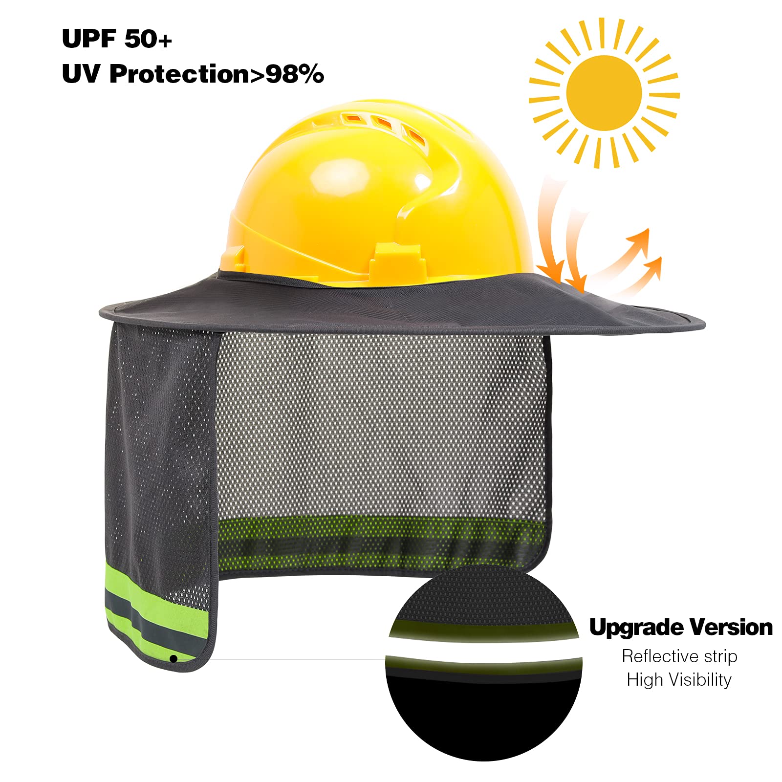 High Visibility Hard Hat Sun Shade with Reflective Strip - Full Brim Sun Visor Neck Shade for Construction & Outdoor Work (4 Pack, Grey) - Perfect for Construction Sites, Road Work & Hot Weather Protection