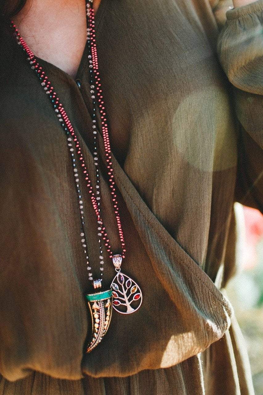 Authentic Tibetan Horn Necklace with Jeweled Chain - Spiritual Jewelry for Meditation, Yoga & Boho Fashion