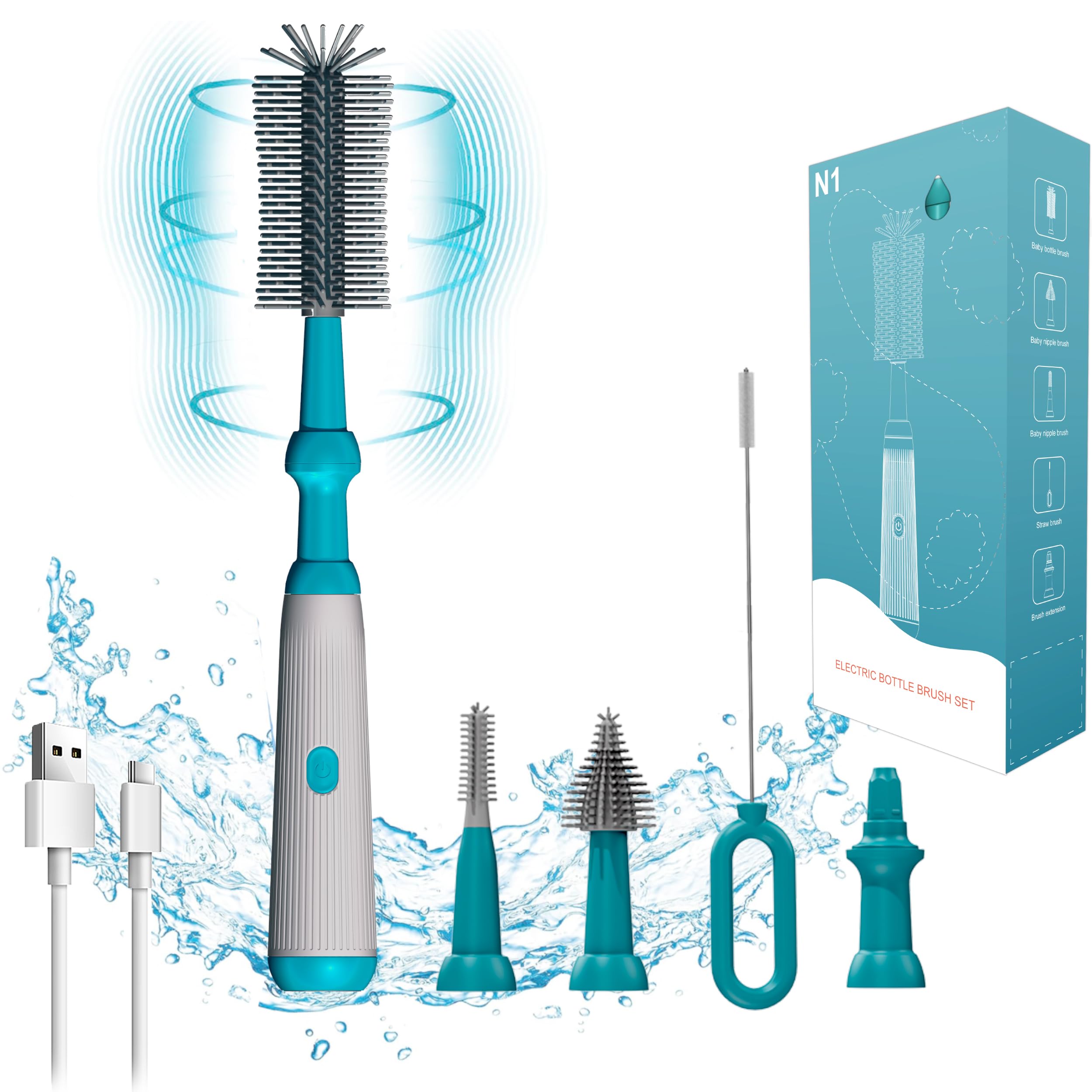 Electric Baby Bottle Brush Cleaner with Long Handle - Waterproof IP65 for Home & Travel
