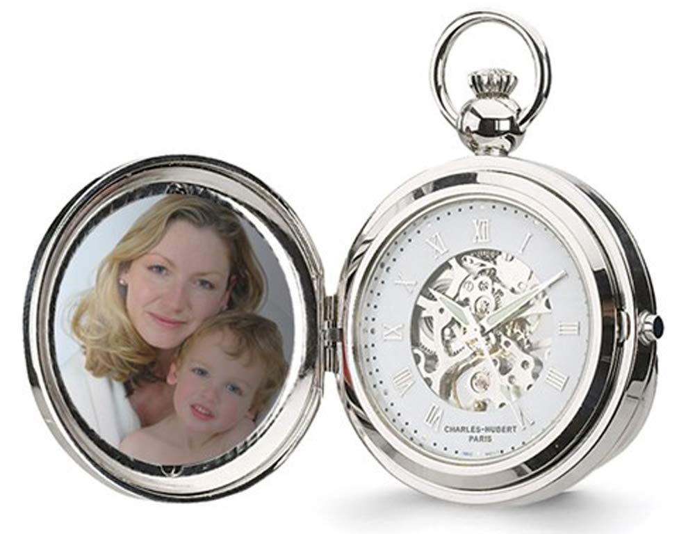 Gem & Harmony Charles Hubert Chrome Finish 48mm Photo Insert Pocket Watch - Vintage Style Gift for Men, Women, Collectors - Perfect for Weddings, Anniversaries & Special Occasions