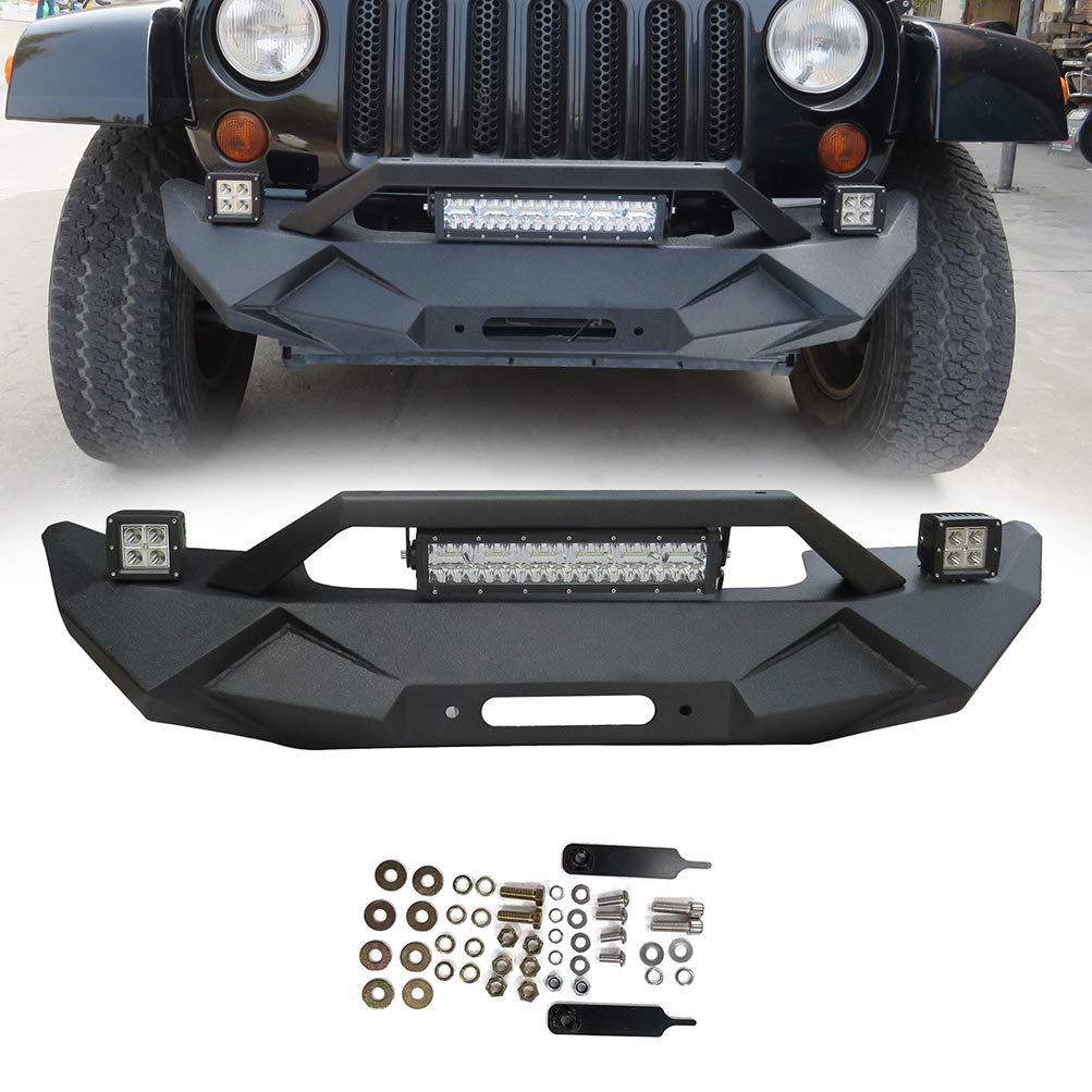 ECCPP Black Front Bumper with LED Strip Light Compatible with 2007-2018 Jeep Wrangler JK - Off-Road Adventure & Night Driving Upgrade