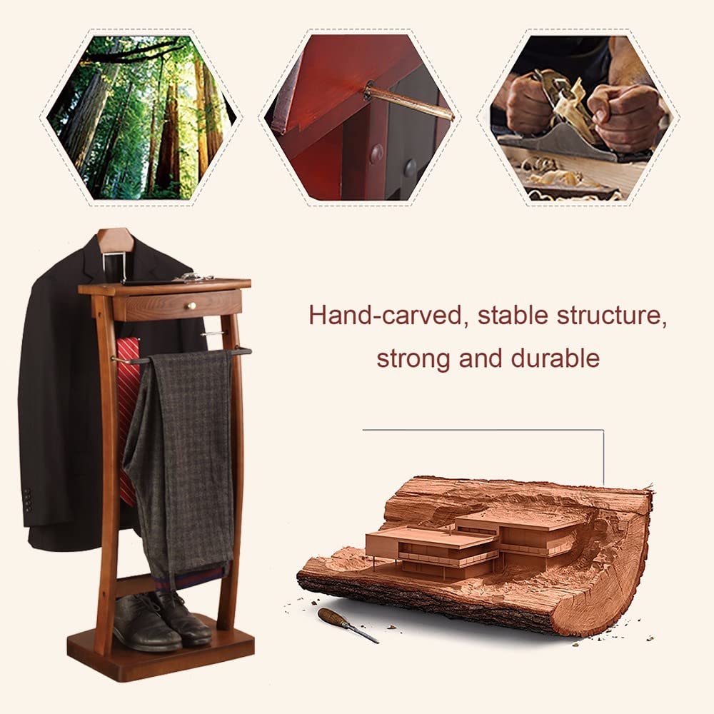 Premium Wooden Suit Valet Stand - 44.4X30X112.2CM Butler Clothing Rack with Stable Base for Suits, Jackets & Pants | Ideal for Office, Living Room & Bedroom Organization | Space-Saving Floor Standing Garment Hanger for Men's Wardrobe