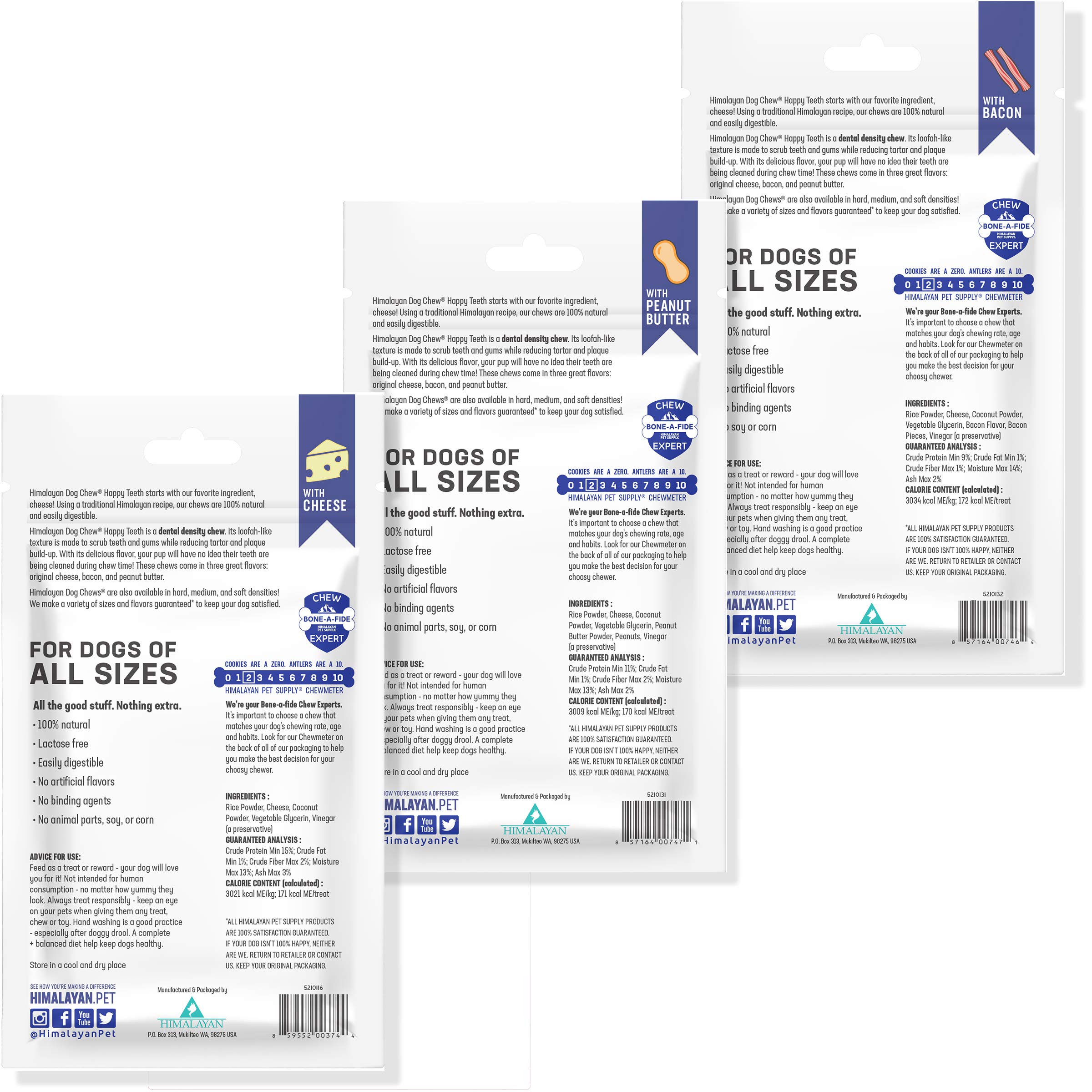 Happy Teeth Natural Cheese Dog Chews - Dental Treats for Dogs | Gluten Free, Lactose Free, Wheat Free, Soy Free | Cheese, Peanut, Bacon Flavors | 2 Chews per Resealable Pouch, 3 Pouches per Pack | Promotes Oral Health & Fresh Breath - Perfect for Training, Rewards, and Daily Dental Care