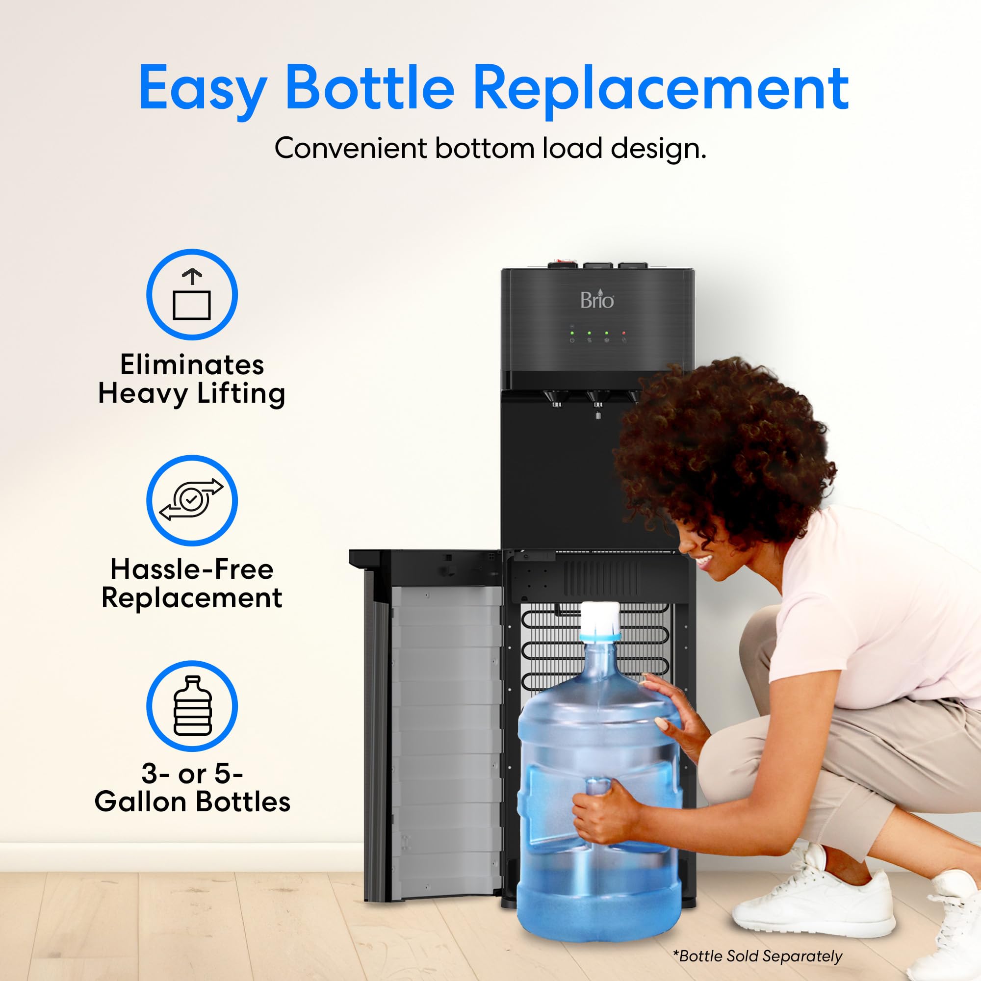 Brio Self-Cleaning Bottom Loading Water Cooler Dispenser - Black Stainless Steel - 3 Temperature Settings (Hot, Room & Cold) - Ideal for Home, Office & Kitchen Use