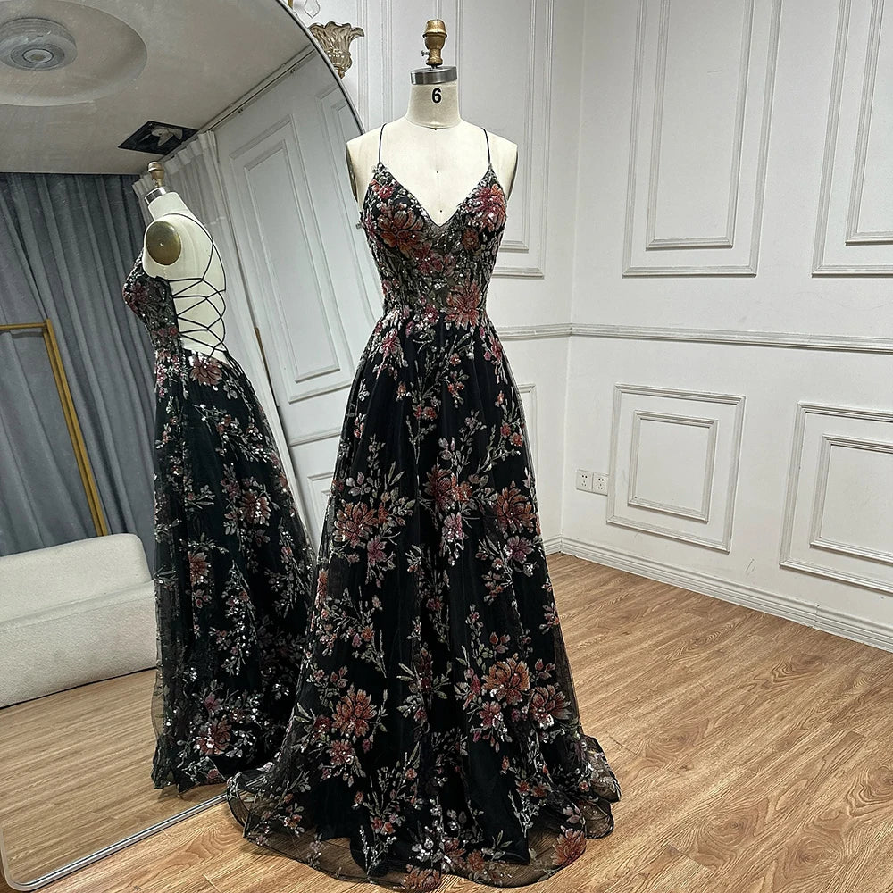 Luxury Dubai Black Beaded Spaghetti Strap A-Line Prom Dress for Formal Occasions - Perfect for Saudi Arabian Weddings, Evening Galas & Special Events LA72773