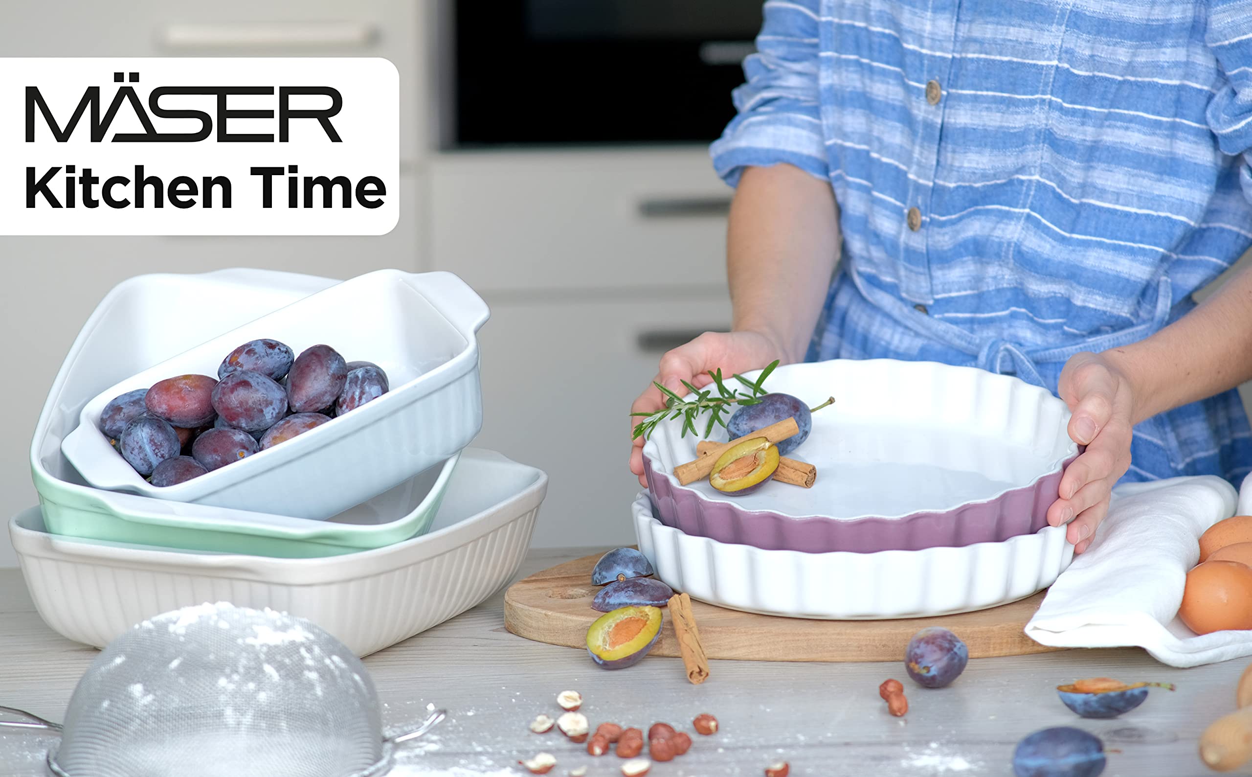 Blue Ceramic Pie Dish & Cake Tin - Kitchen Time Series Bakeware for Pies, Cakes & Desserts - Perfect for Baking, Holiday Meals & Family Gatherings