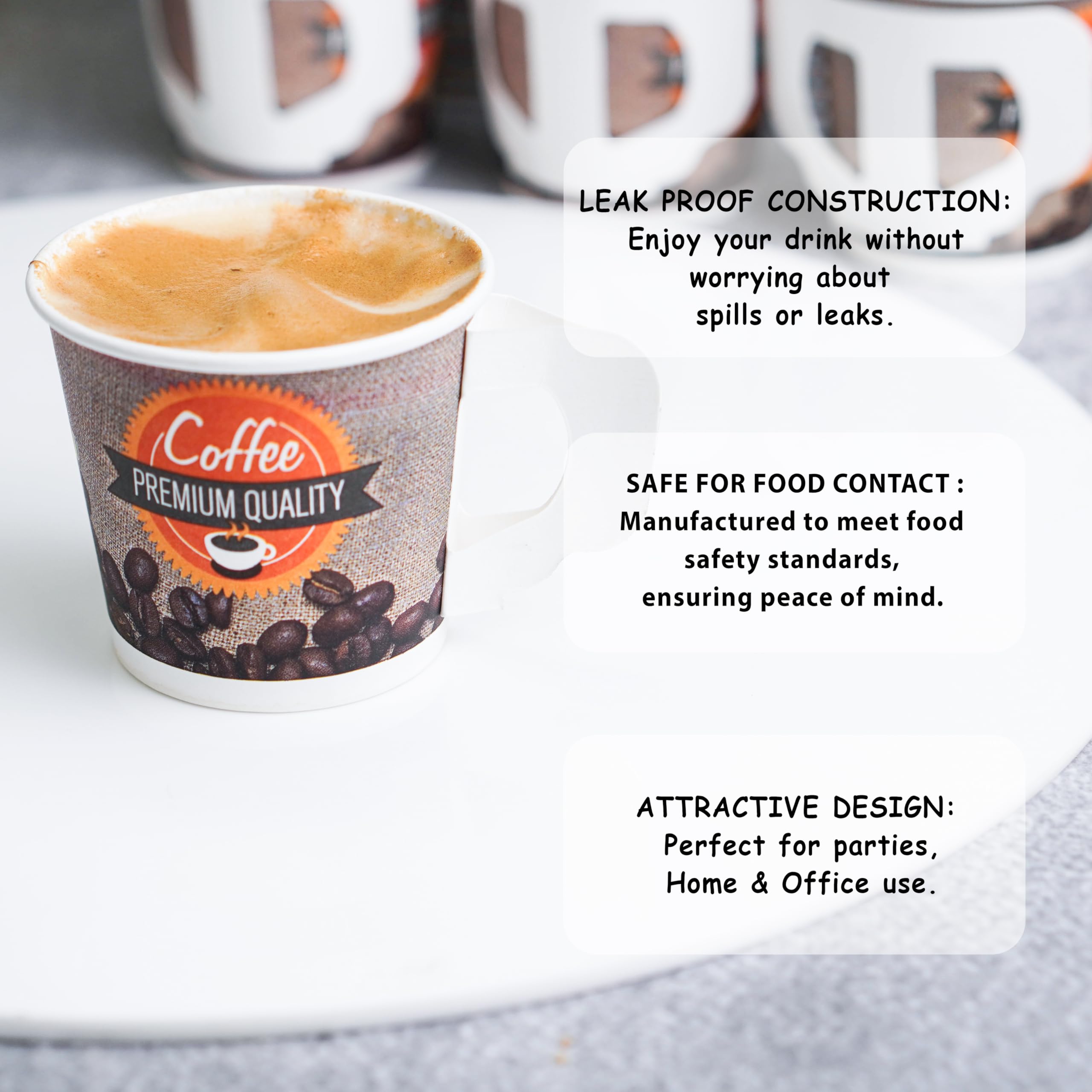 PARICOTT - 100 Pack Disposable Coffee Cups 150ml, Printed Paper Tea/Coffee Mugs, Eco-Friendly Recyclable Single-Use Drinkware for Office, Parties, Picnics & Catering Events - Multicolor Handle Cups