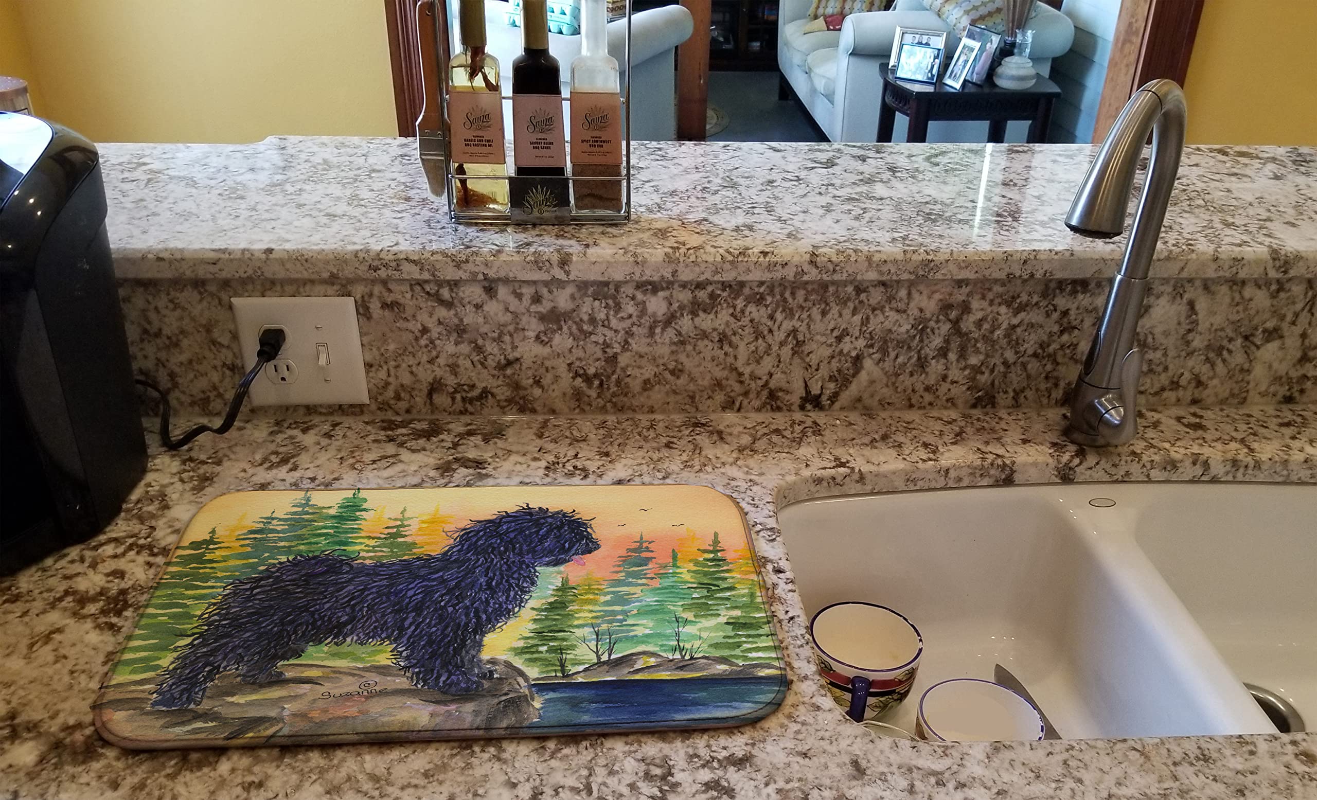 Puli Dog Design Absorbent Dish Drying Mat - 14x21 Inch Non-Slip Kitchen Counter Drying Pad for Dishes, Utensils & Cookware | Perfect for Countertop Protection, Spill Absorption & Drying Rack Alternative