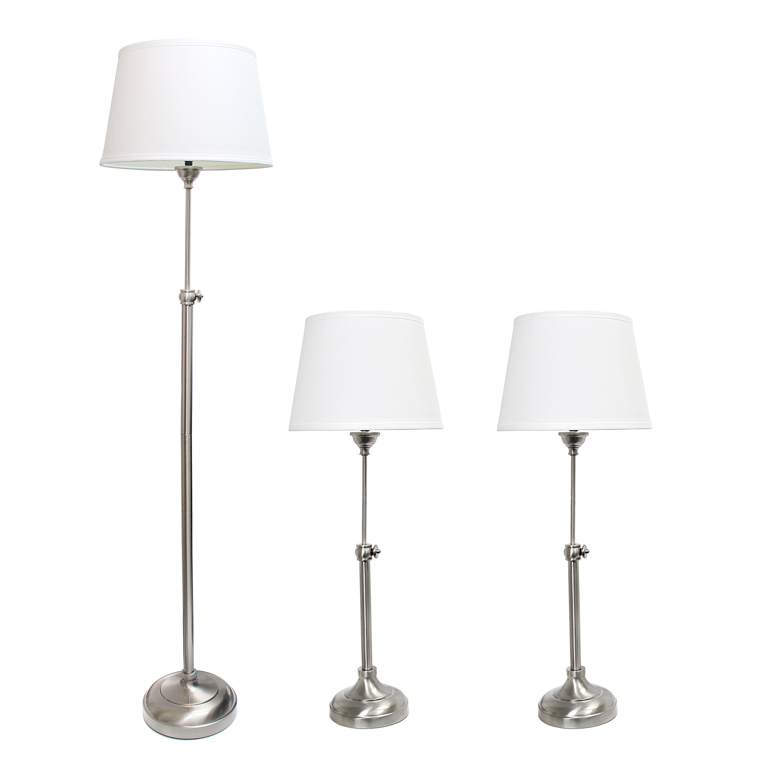 Elegant Designs LC1017-BSN Brushed Nickel Adjustable 3-Piece Lamp Set with White Fabric Shades - 1 Floor Lamp & 2 Table Lamps for Living Room, Bedroom, or Office Lighting Decor