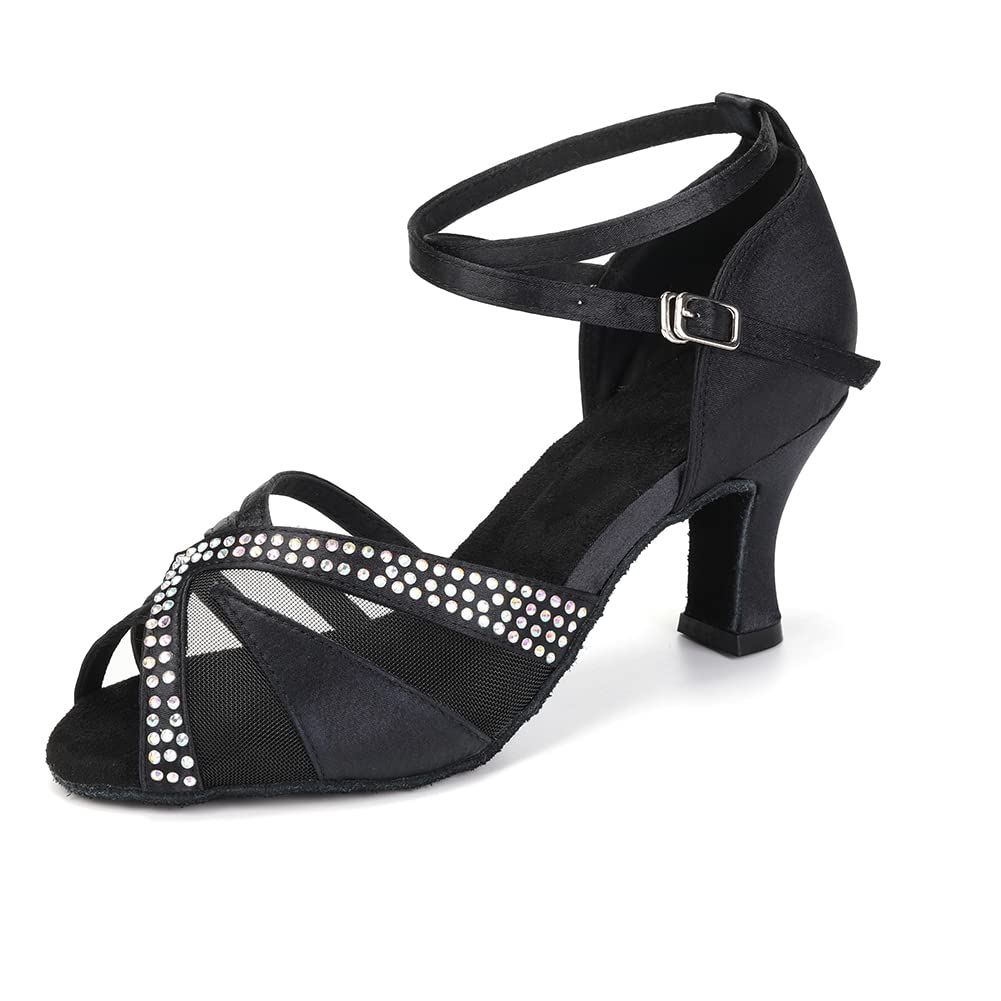 JUODVMP Women's Rhinestone Ballroom Dance Shoes - Latin Salsa Performance Shoes with Satin Finish (Model YCL165) for Competition, Wedding & Stage Performances