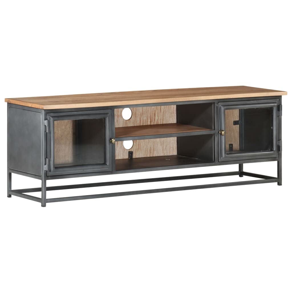 Industrial-Style Acacia Wood TV Stand with Steel Legs - Gray Entertainment Cabinet with Glass Doors & Storage - Perfect for Living Room, Home Theater & Media Organization