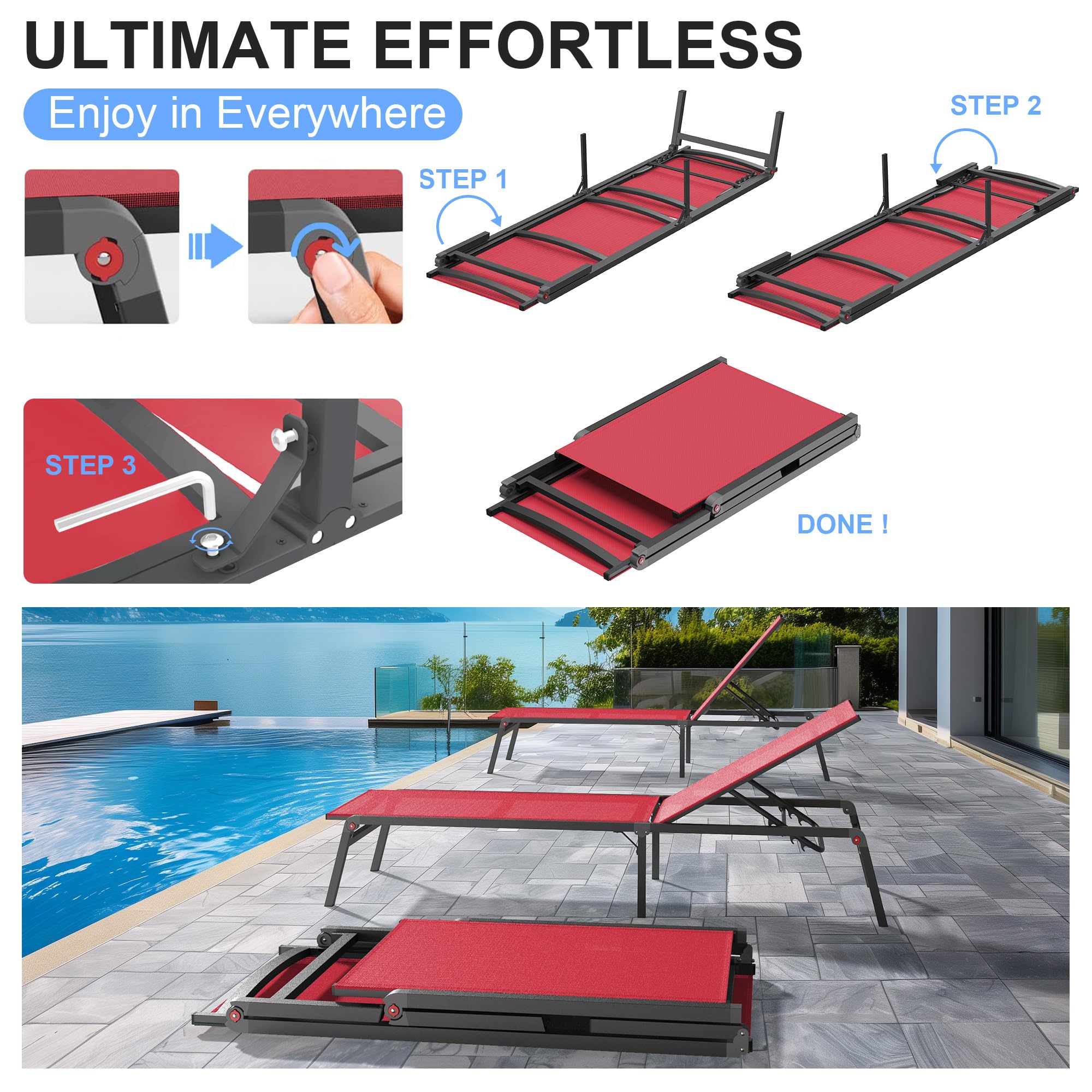 Premium Foldable Outdoor Lounge Chair - 0-60° Adjustable Backrest, No Assembly Required, Stainless Aluminum Frame for Patio, Poolside & Beach Relaxation (Red) | Perfect for Sunbathing, Backyard Lounging & Vacation Getaways