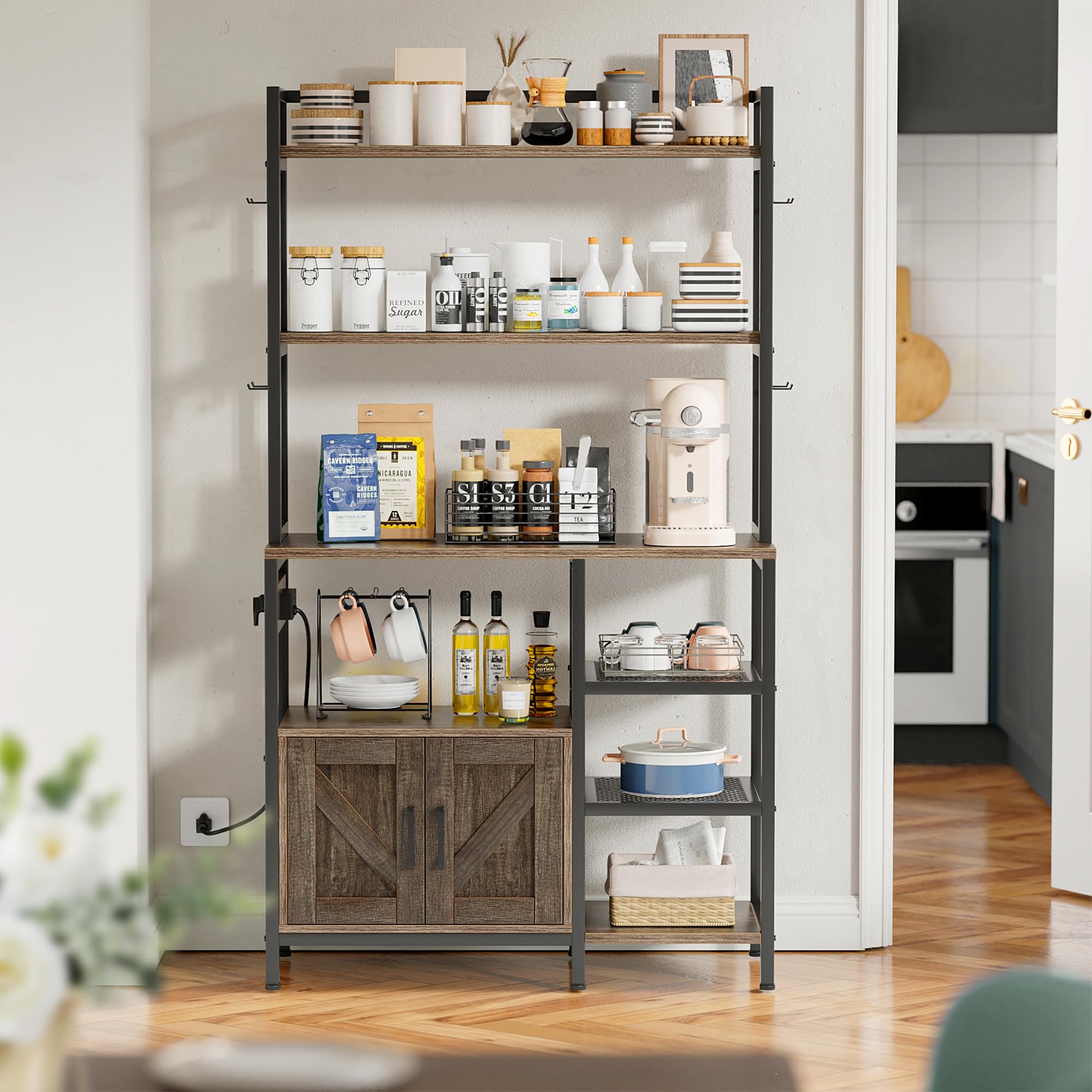 EnHomee Bakers Rack with Storage Cabinet - Coffee Bar Cabinet with Power Outlet, Microwave Stand & Kitchen Storage - Space Saving, Easy Assembly for Small Kitchens, Dining Rooms & Home Cafes