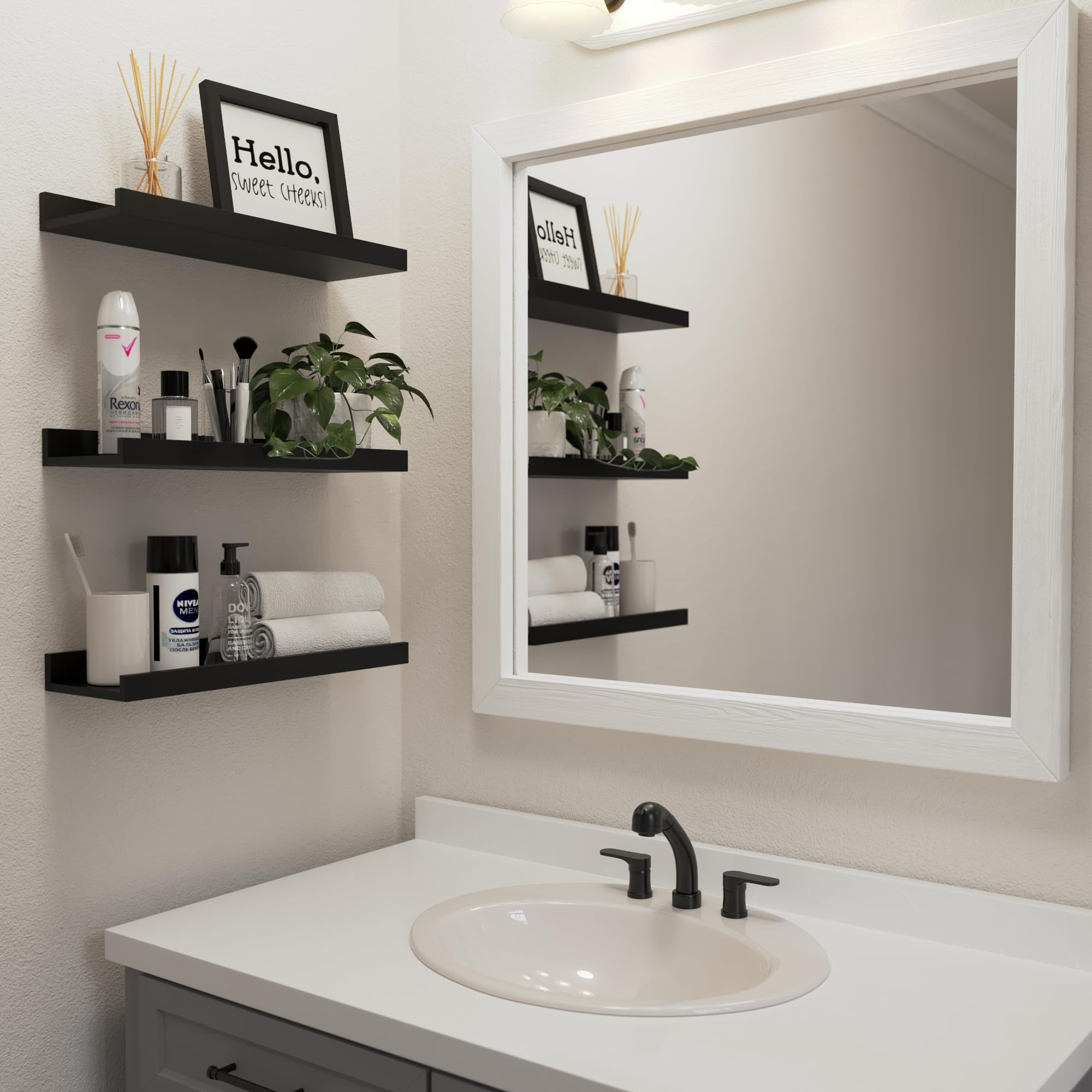6-Pack Black Floating Shelves with Lip - Modern Wall Shelves for Living Room, Bedroom, Bathroom - Perfect for Displaying Pictures, Books, Plants & Home Decor - Sturdy Wall Mounted Shelving Solution
