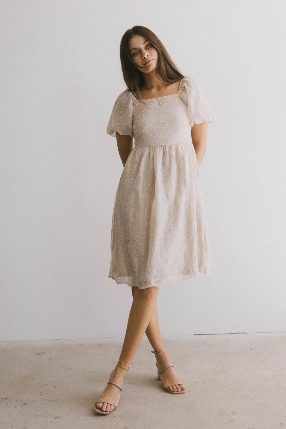 Karrie Embroidered Midi Dress in Champagne - Elegant Floral Summer Dress for Women | Perfect for Weddings, Parties & Date Nights | FINAL SALE