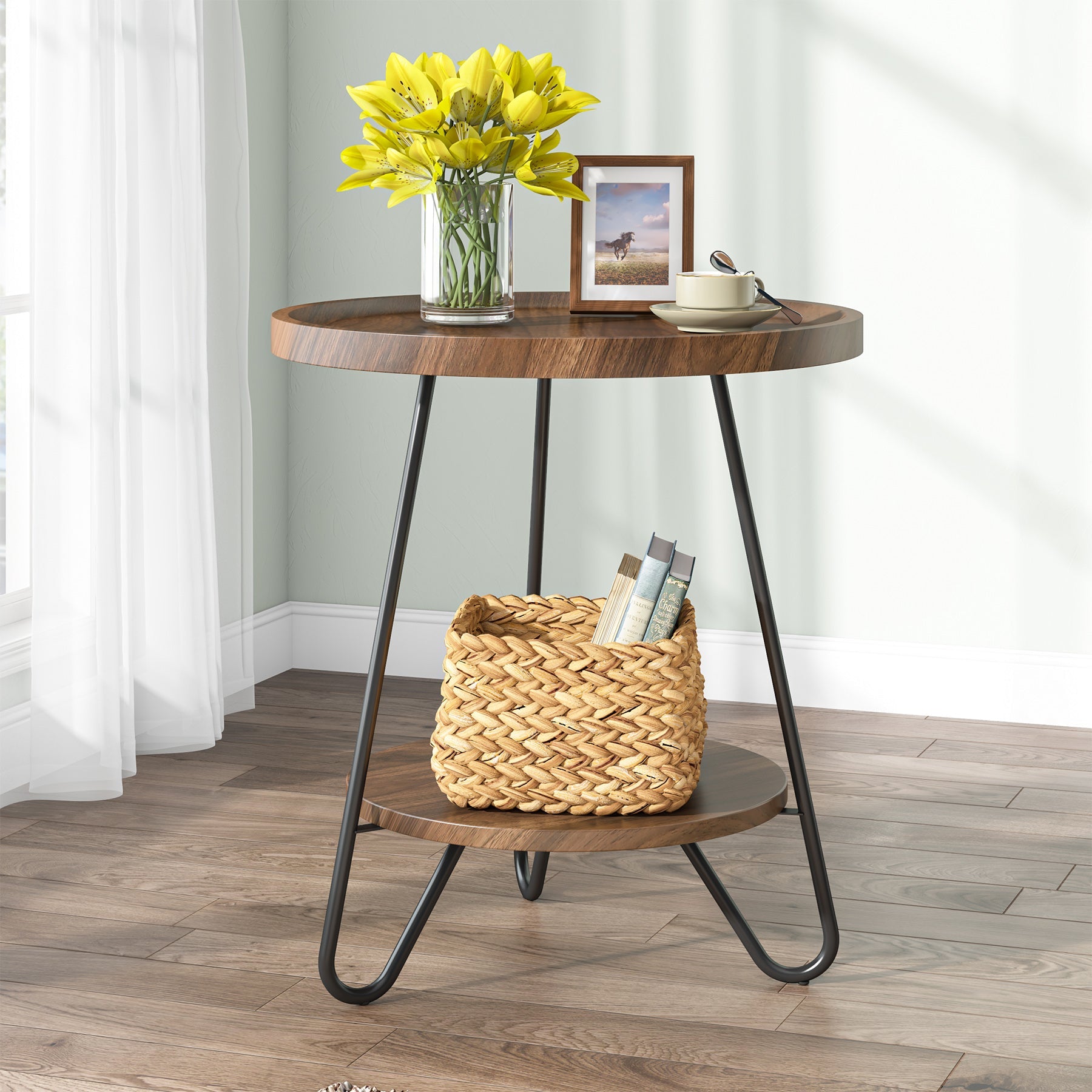 Round End Table with Metal Legs - 2 Tier Side Table for Living Room, Bedroom & Office - Modern Accent Table for Small Spaces & Home Decor