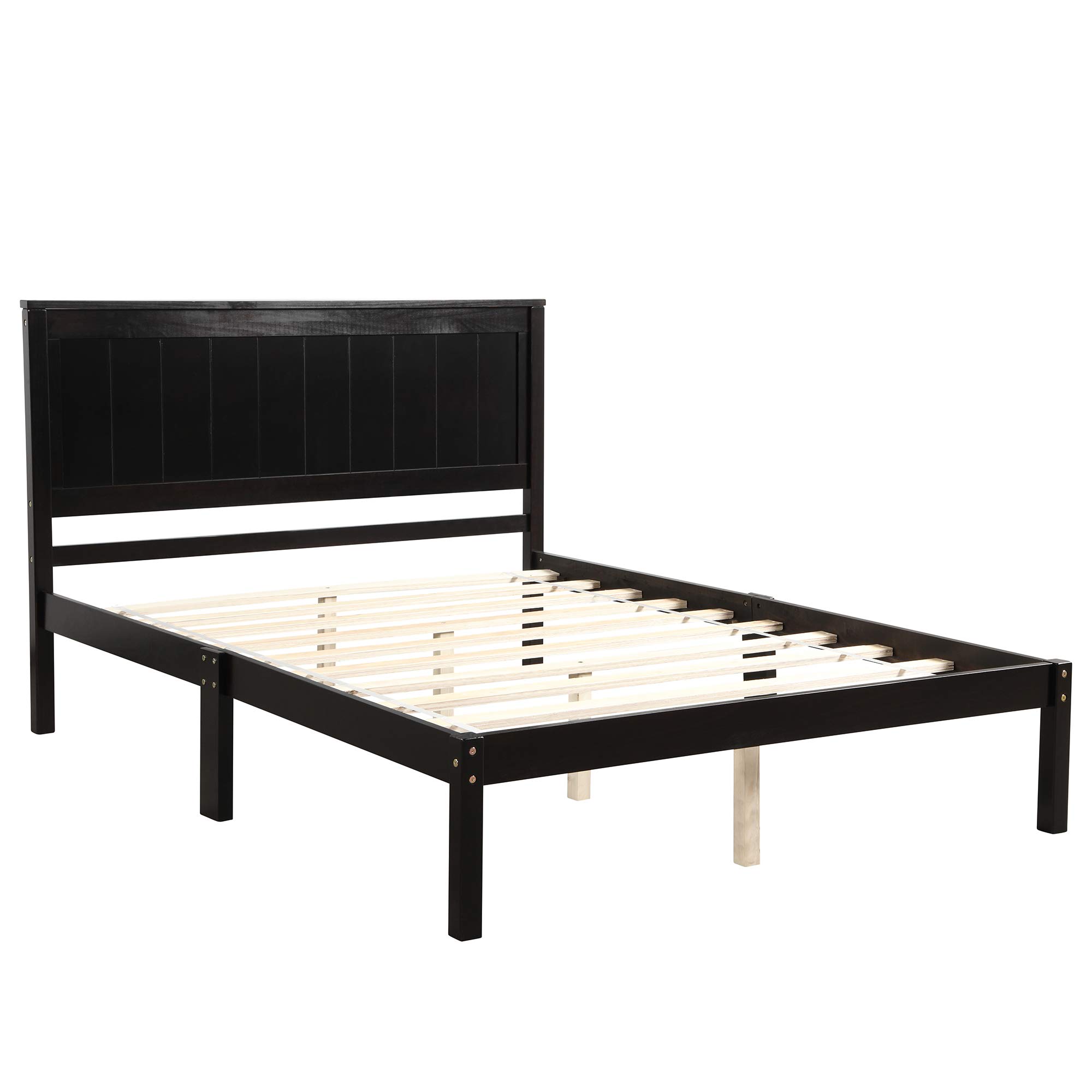 P PURLOVE Solid Wood Full Size Bed Frame with Headboard - No Box Spring Needed, Espresso Finish - Perfect for Modern Bedrooms, Guest Rooms & Small Spaces
