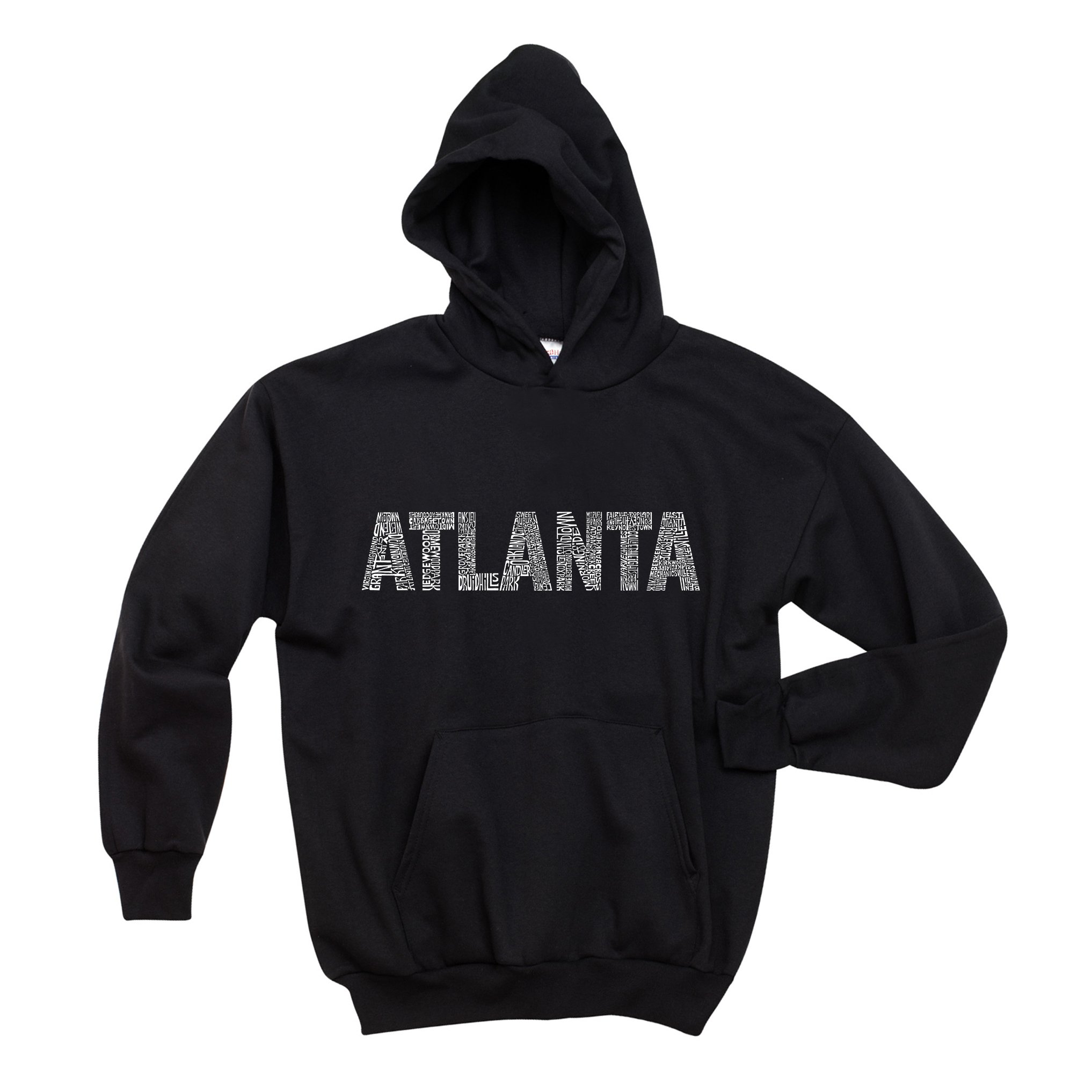 LA POP ART Men's Word Art Hooded Sweatshirt - Atlanta Neighborhoods Graphic Pullover | Casual Streetwear for Men | Perfect for Urban Fashion & City Exploration