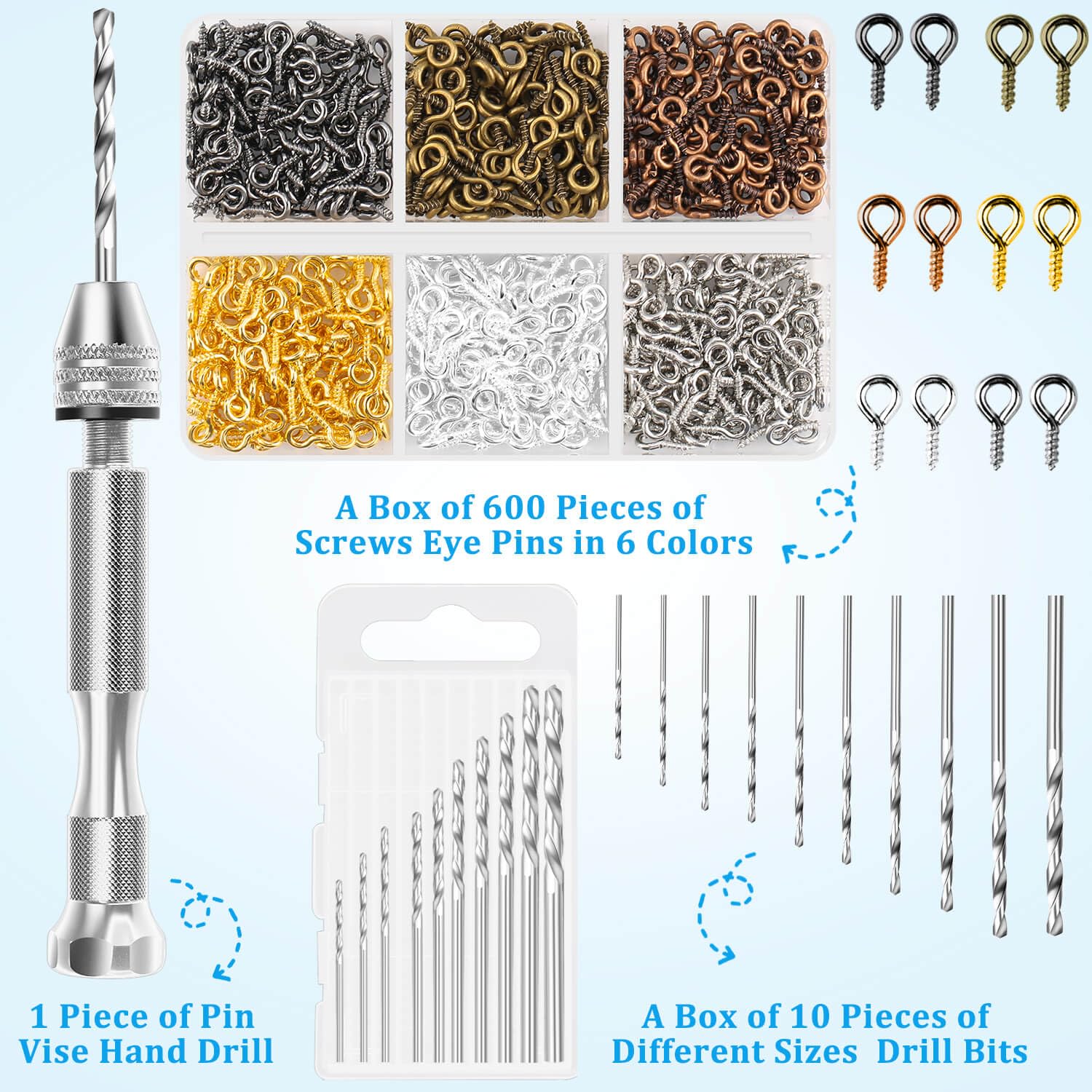 Shynek Pin Vise Hand Drill Set - 600PCS Small Screw Eye Hooks & 10 Size Drill Bits for Jewelry Making, Keychains & DIY Crafts - Perfect for Precision Woodworking, Model Building & Small Hole Drilling