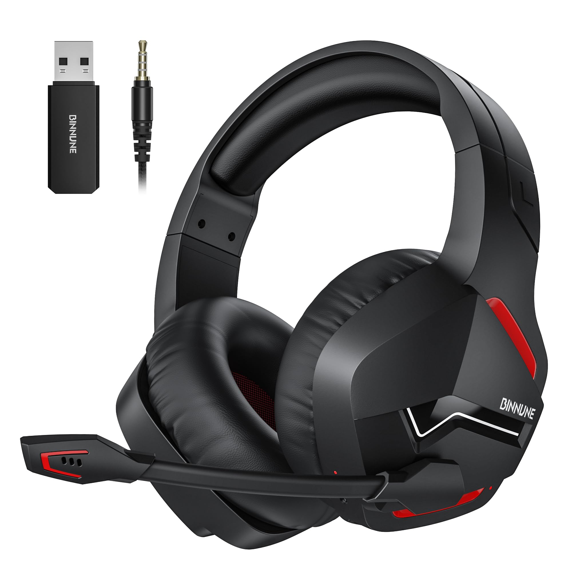 BINNUNE Wireless Gaming Headset with Microphone - 2.4G Bluetooth USB Headphones for PC, PS4, PS5, Laptop - Noise Cancelling Mic for Online Gaming, Streaming & Video Calls