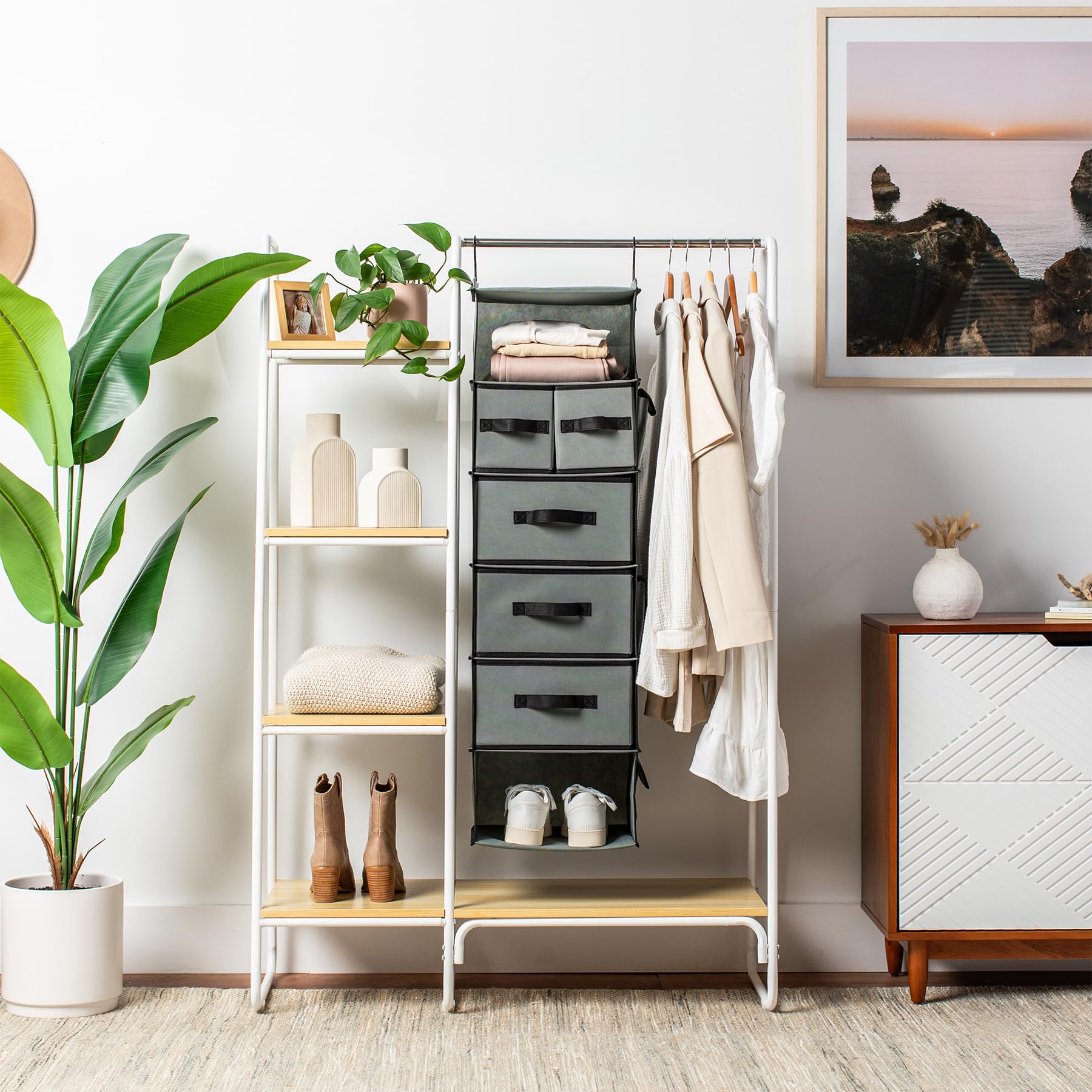 SMIRLY 6-Tier Hanging Closet Organizer with Storage Shelves - Foldable Wardrobe Organizer with 2 Heavy-Duty Hooks for Bedroom, Nursery, Closet & Home Storage - Perfect for Organizing Clothes, Toys & Accessories