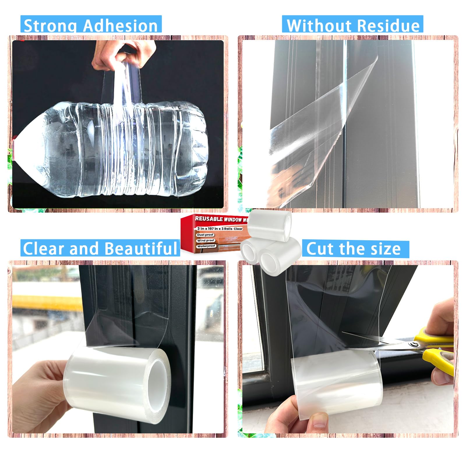 Reusable & Removable 3-Inch Wide Transparent Window Weather Sealing Tape - Waterproof AC Insulation, No Residue, Clear Multipurpose Adhesive - Perfect for Home, Office & RV Window Insulation