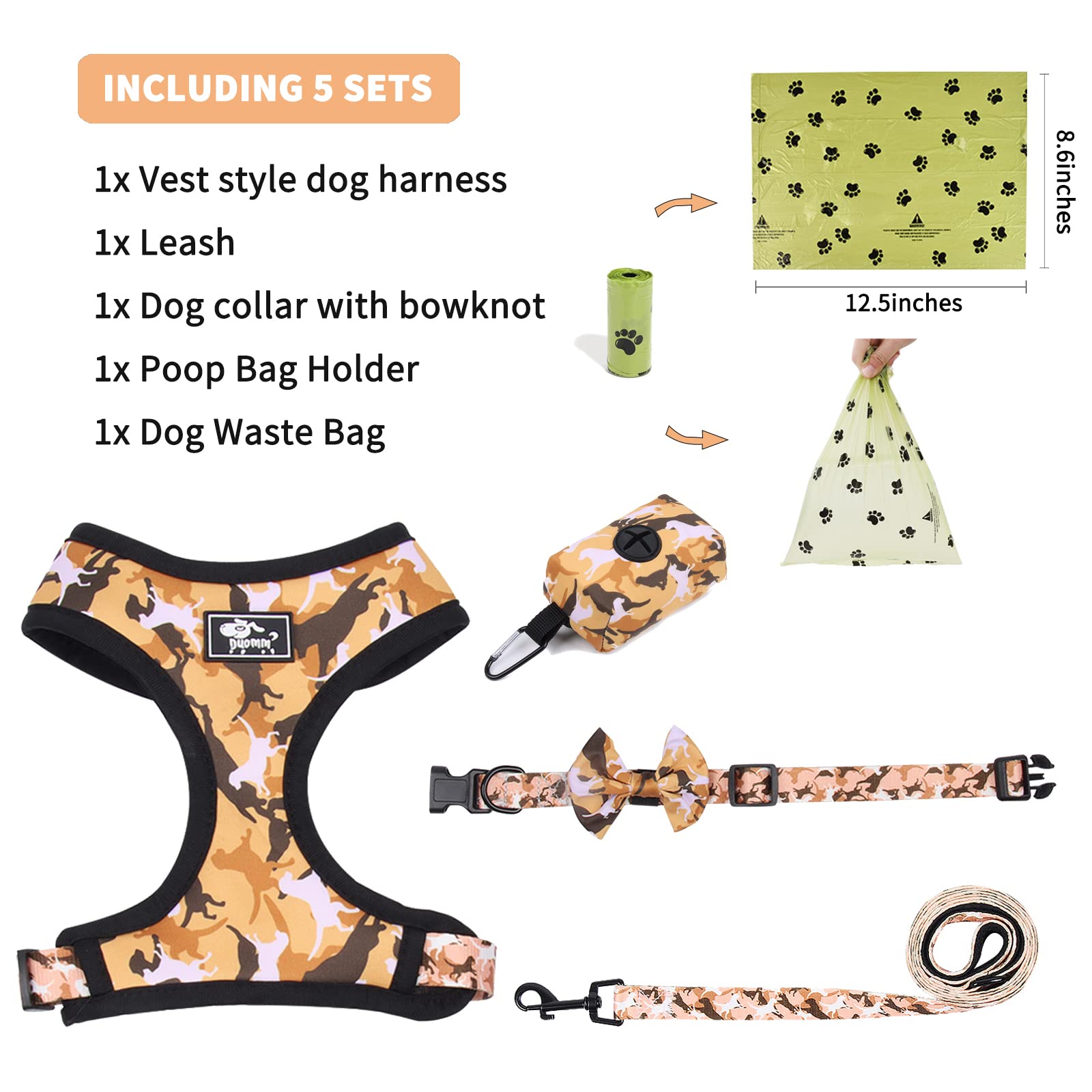 **Reflective No-Pull Dog Harness & Leash Set for Small Dogs – Adjustable Puppy Vest with Bow-Tie Collar, Poop Bags – XL Yellow Camouflage – Perfect for Walking, Training & Nighttime Safety**