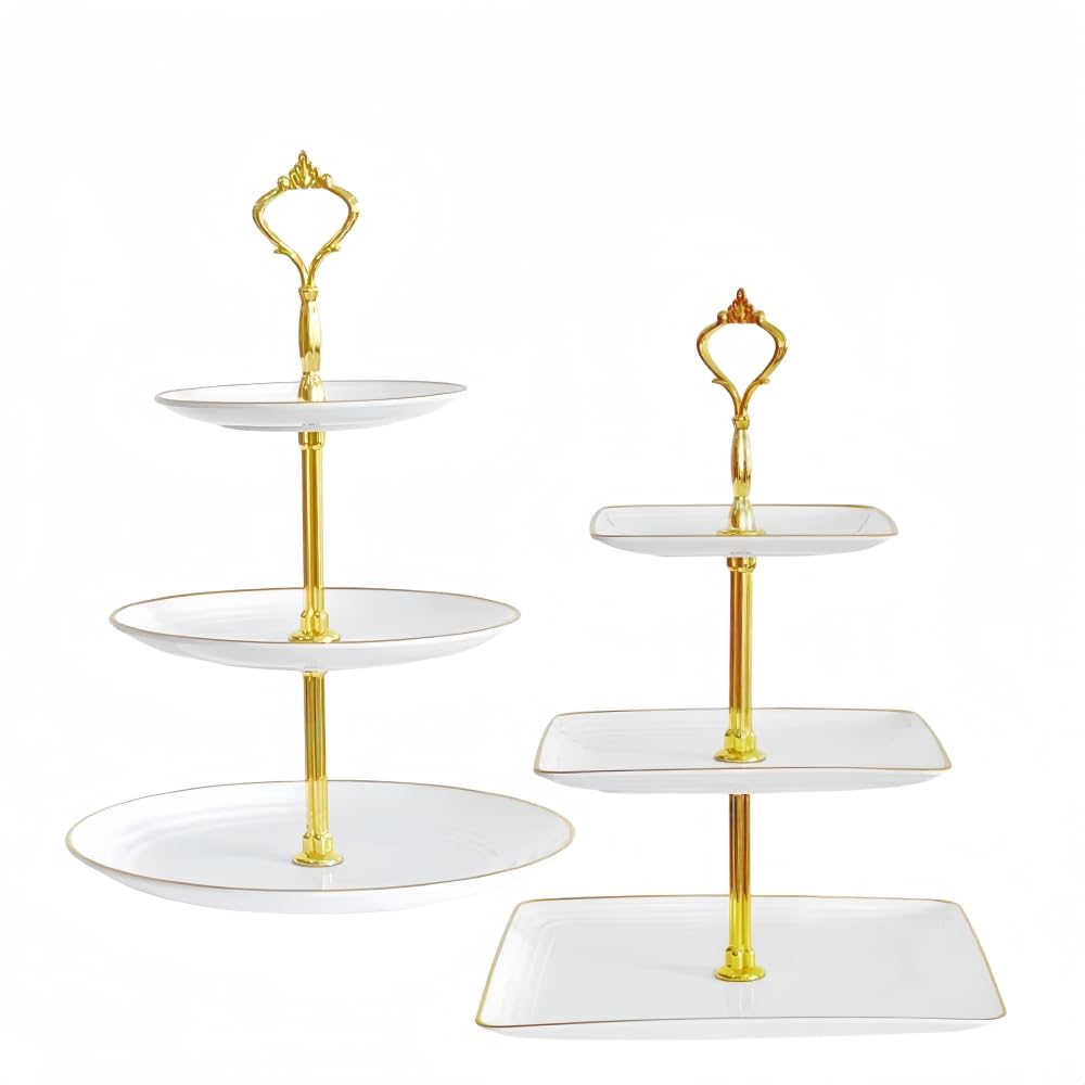 2-Pack RAUVOLFIA 3-Tier Round & Square Cupcake Stand - Versatile Dessert Tower for Pastries, Cakes & Treats - Perfect for Birthday Parties, Tea Time, Wedding Displays & Dessert Table Decorations