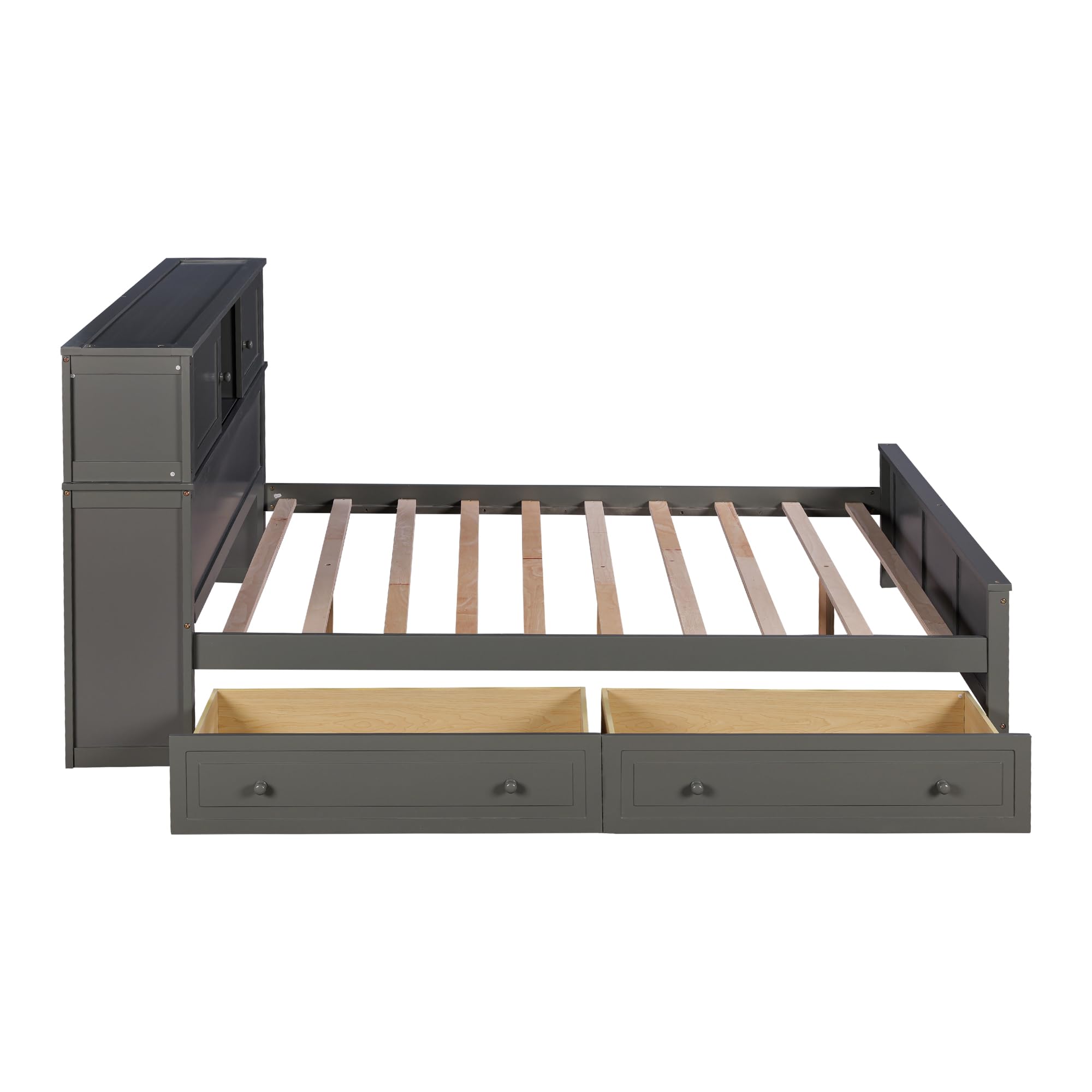 LZ LEISURE ZONE Full Size Platform Bed Frame with Storage Drawers & Sliding Door Headboard - Sturdy Wood Bed with Underbed Storage - Gray - Perfect for Small Bedrooms, Guest Rooms & Dorm Rooms