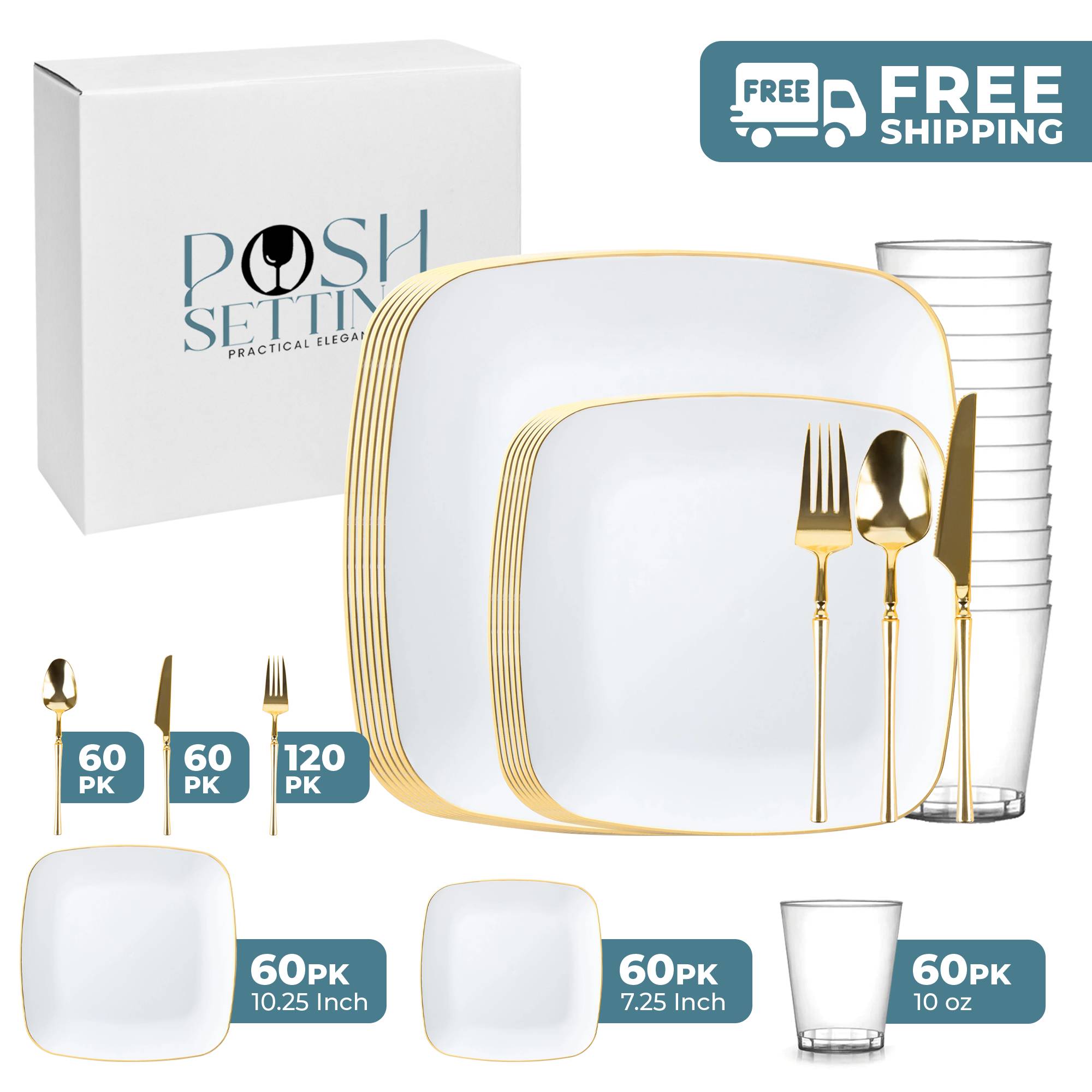 White and Gold Plastic Party Bundle - Classic Square Disposable Plates, Cups & Cutlery Set for Birthday, Wedding & Holiday Celebrations