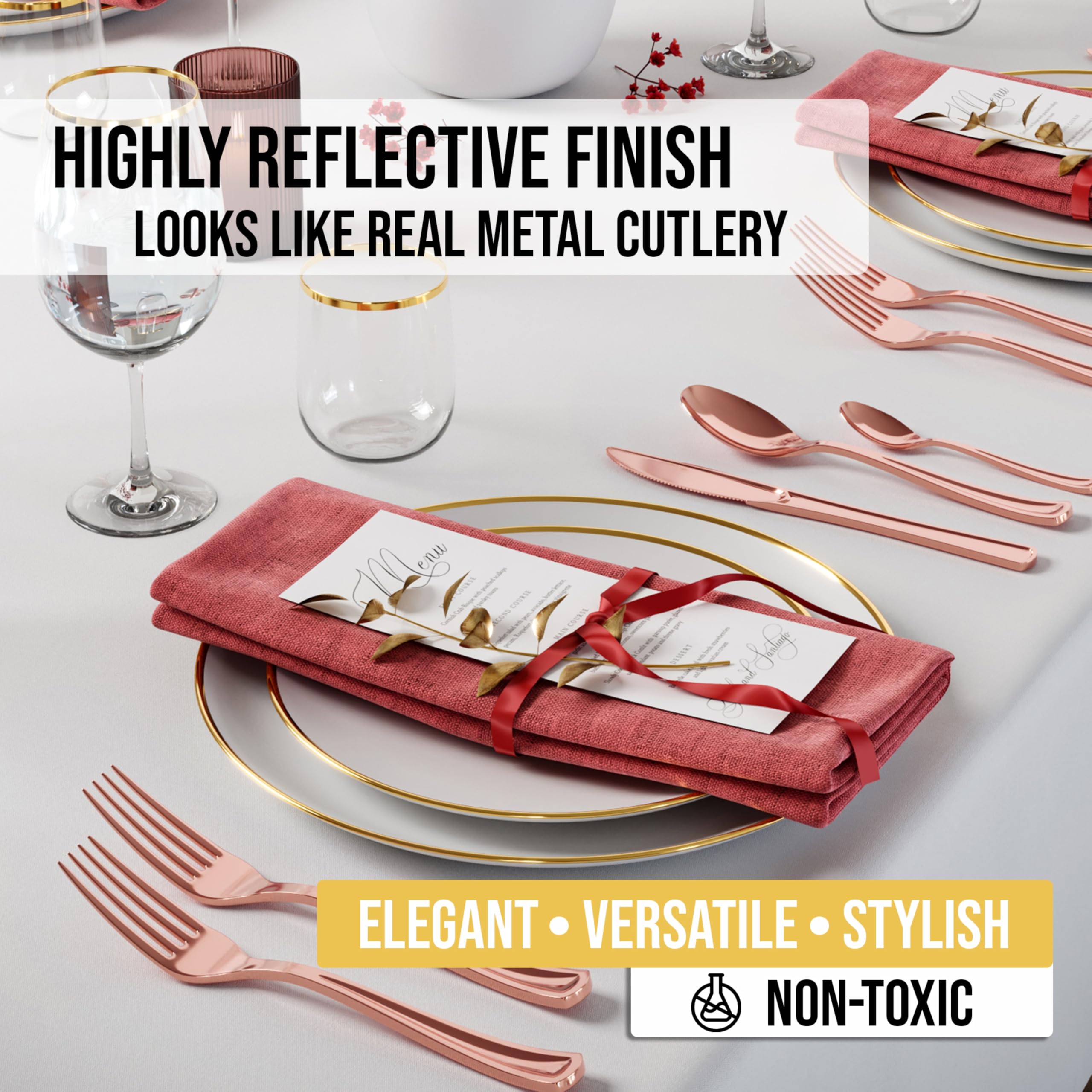 Premium Rose Gold Plastic Knives - Heavy Duty 160-Piece Disposable Cutlery Set | Elegant Flatware for Wedding, Birthday Party, Picnic & Catering Events - Durable & Stylish Eating Utensils