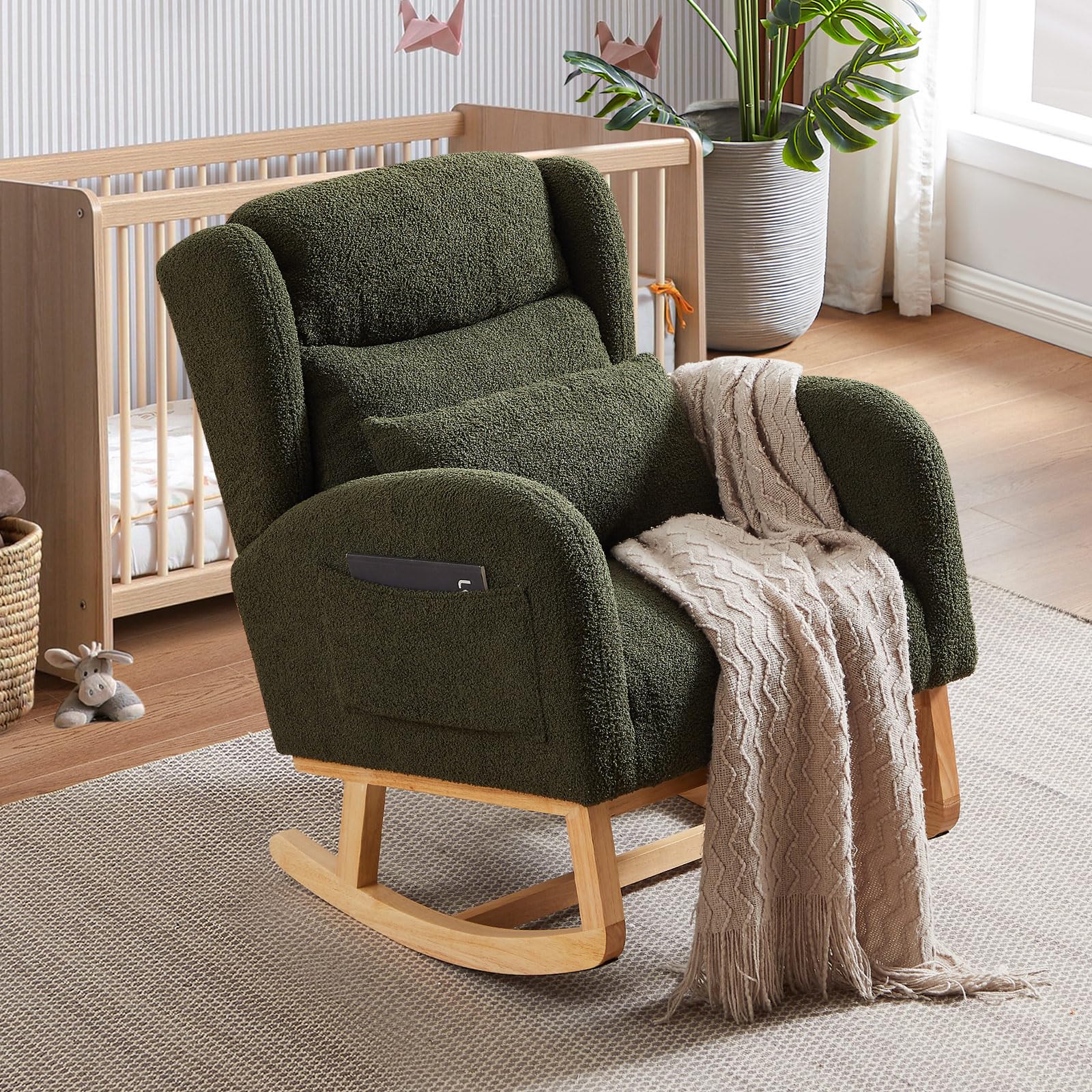 Antetek Modern Rocking Chair - High Back Teddy Upholstered Nursery Rocker with Lumbar Support, Wingback Accent Armchair for Living Room, Bedroom & Nursery (Green) | Perfect for Nursing, Reading & Relaxing