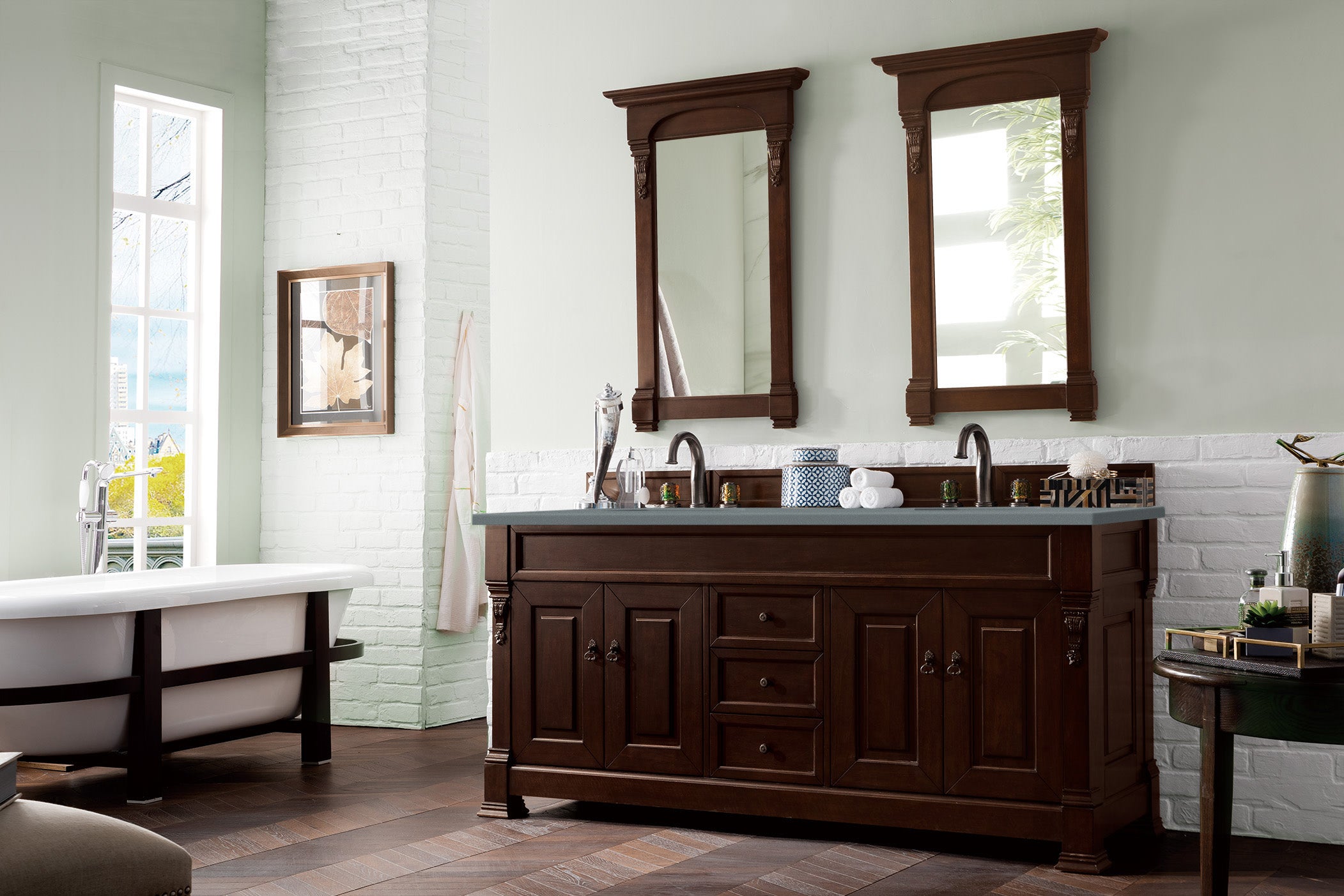 Brookfield 72-Inch Double Vanity with Burnished Mahogany Base & 3CM Calacatta Blue Quartz Countertop - Perfect for Master Bathroom Renovation