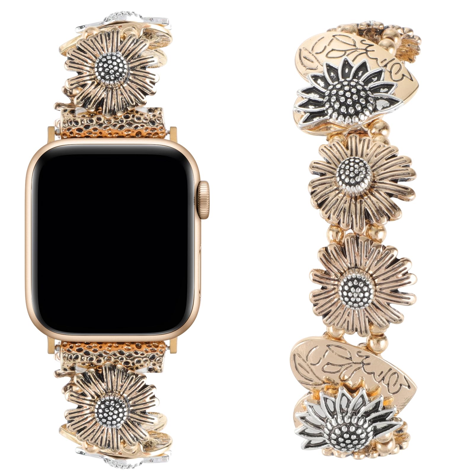 Stretchy Stainless Steel Apple Watch Bands for Women - Compatible with 38mm 40mm 41mm 42mm 44mm 45mm 49mm iWatch Series 9/8/7/6/5/4/3/2/SE - Elegant Sunflower Heart Design Elastic Wristband for Workout, Office & Special Occasions