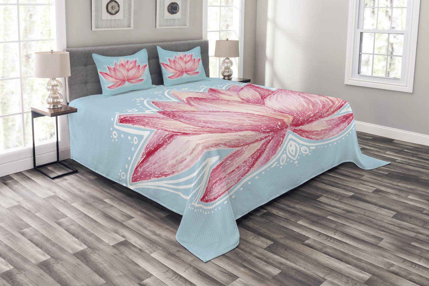 Ambesonne Lotus Flower Bedspread Set - King Size 3-Piece Botanical Garden Design with 2 Pillow Shams, Pink & Pale Blue Floral Pattern - Perfect for Master Bedroom, Guest Room Decor & Boho Chic Home Styling