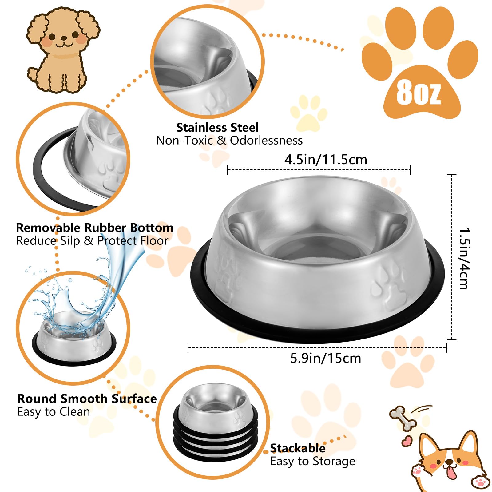 Premium Stainless Steel Cat & Dog Bowls Set of 4 - Non-Slip Rubber Base Pet Food and Water Dishes for Indoor Cats & Small Dogs - Perfect for Mealtime, Travel & Vet Visits