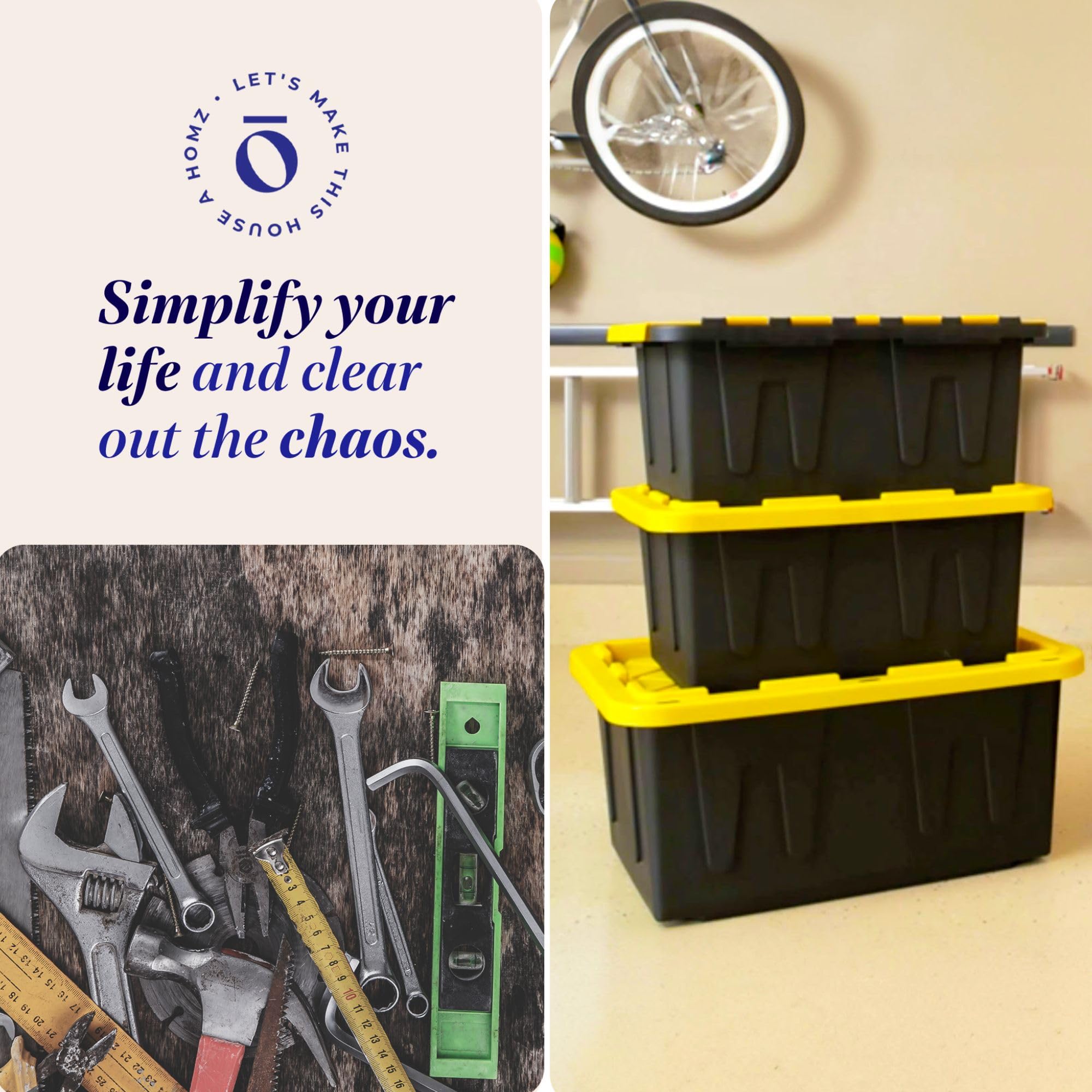 HOMZ 4-Pack 27 Gallon Heavy Duty Plastic Storage Bins with Lids - Durable Black/Yellow Containers for Home Organization, Garage Storage & Moving Supplies