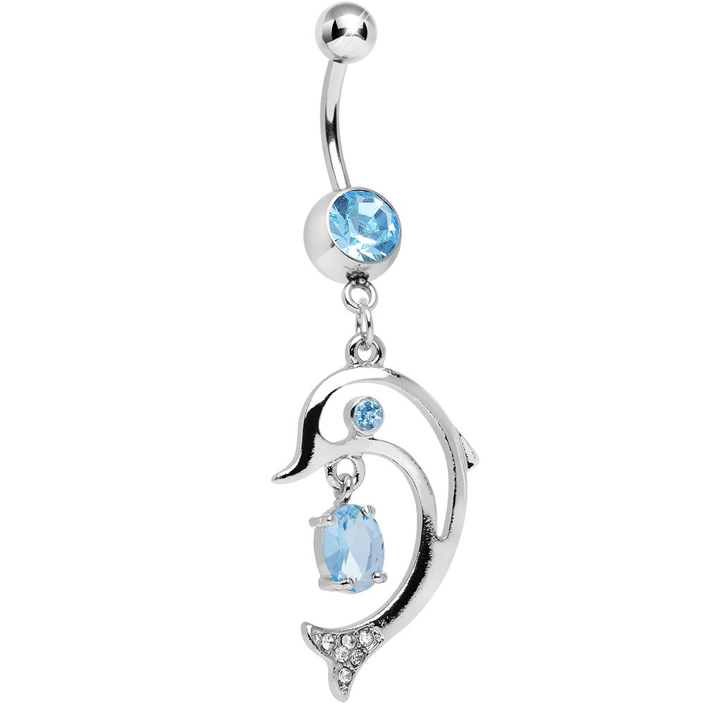 Body Candy Brilliant Blue Glamorous Frisking Dolphin Dangle Belly Ring - Stylish Navel Piercing Jewelry for Women, Perfect for Beach Parties & Summer Outfits