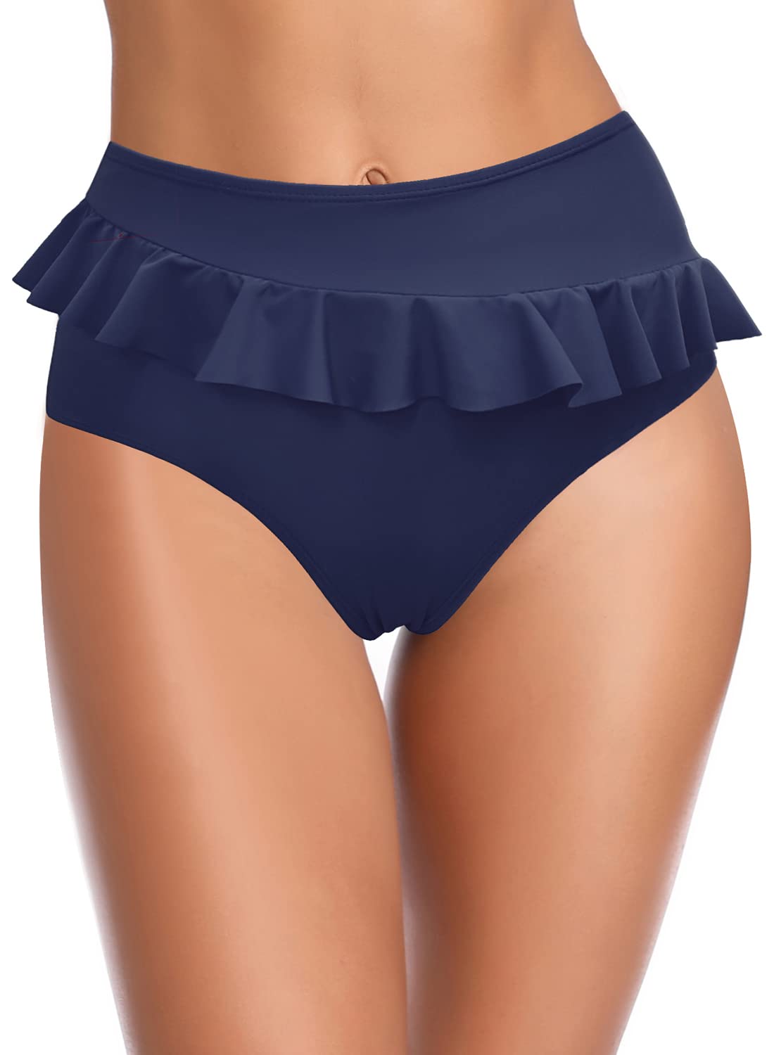 SHEKINI Women's Ruffled Mid Waisted Full Coverage Swimsuit Tummy Control Bikini Bottoms - High Waisted Swimwear for Women, Beach Vacation & Pool Party Essentials