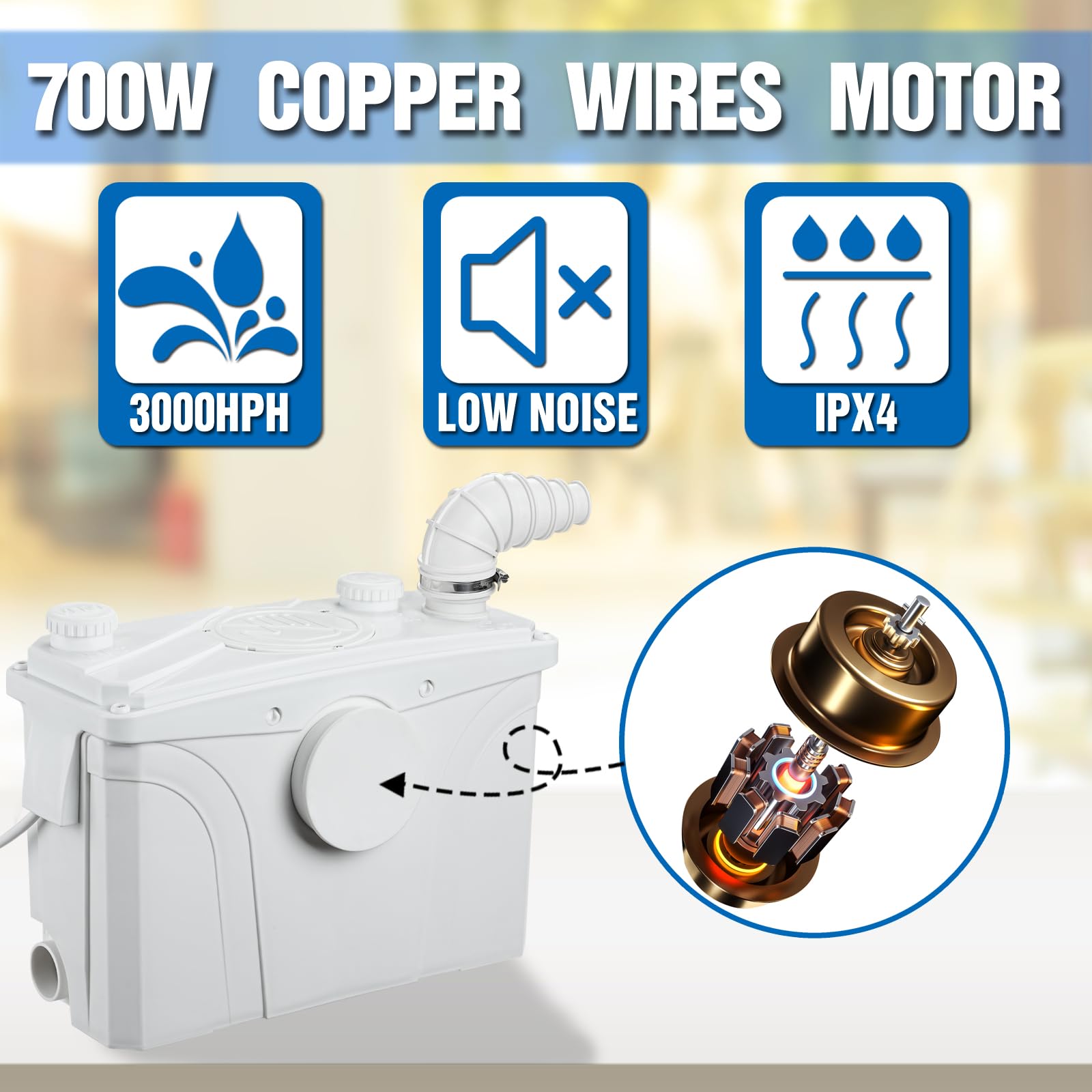 700W Macerator Sewage Sump Pump with 4 Water Inlets - Upflush Toilet System, Waste Water Disposal for Marine Toilets, Laundry & RV Use | Heavy-Duty Sewage Pump for Basement, Boat & Off-Grid Living