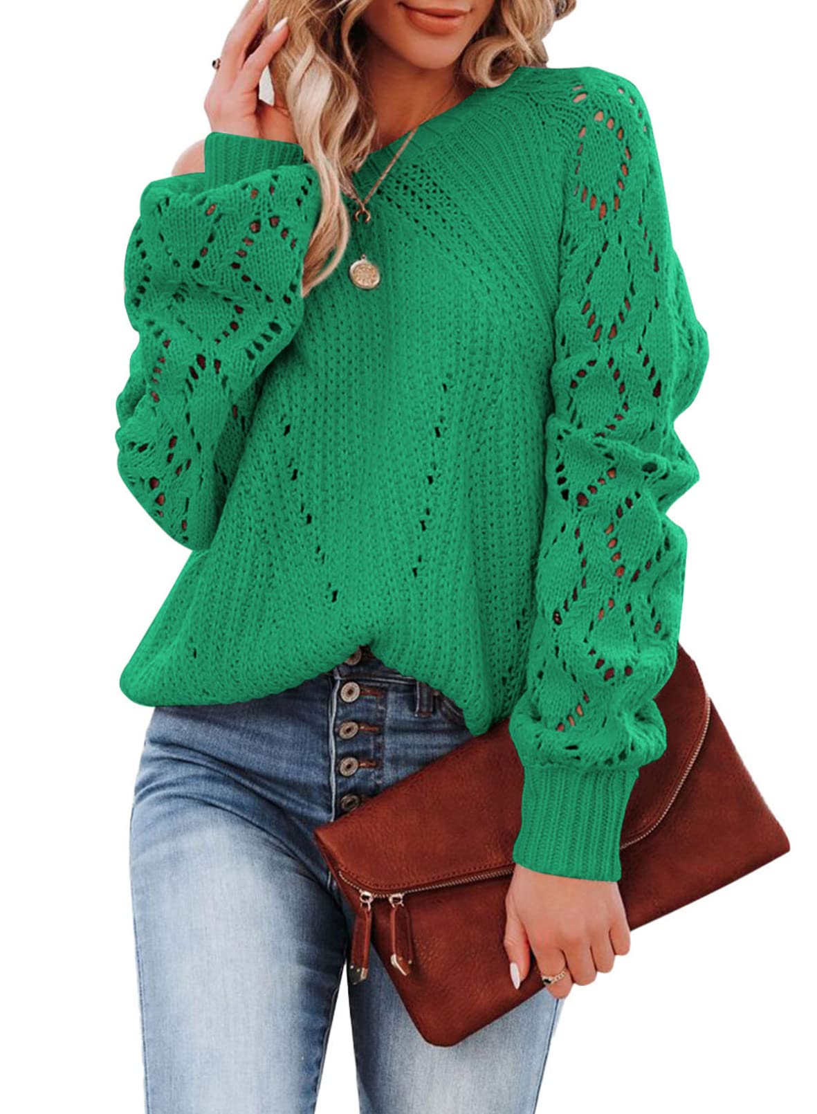 SHEWIN Women's Lightweight Crochet Knit Sweater Long Sleeve Crewneck Pullover Top for Casual Wear, Fall & Winter Fashion, Office & Date Night Outfits