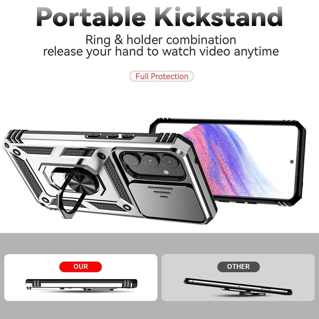 Samsung Galaxy A54 5G Case with Tempered Glass Screen Protector, Slide Camera Cover & Magnetic Ring - Shockproof Protective Phone Cover for Samsung A54 5G (SM-A546U) - Perfect for Car Mounting, Kickstand Use and Daily Protection (Silver)