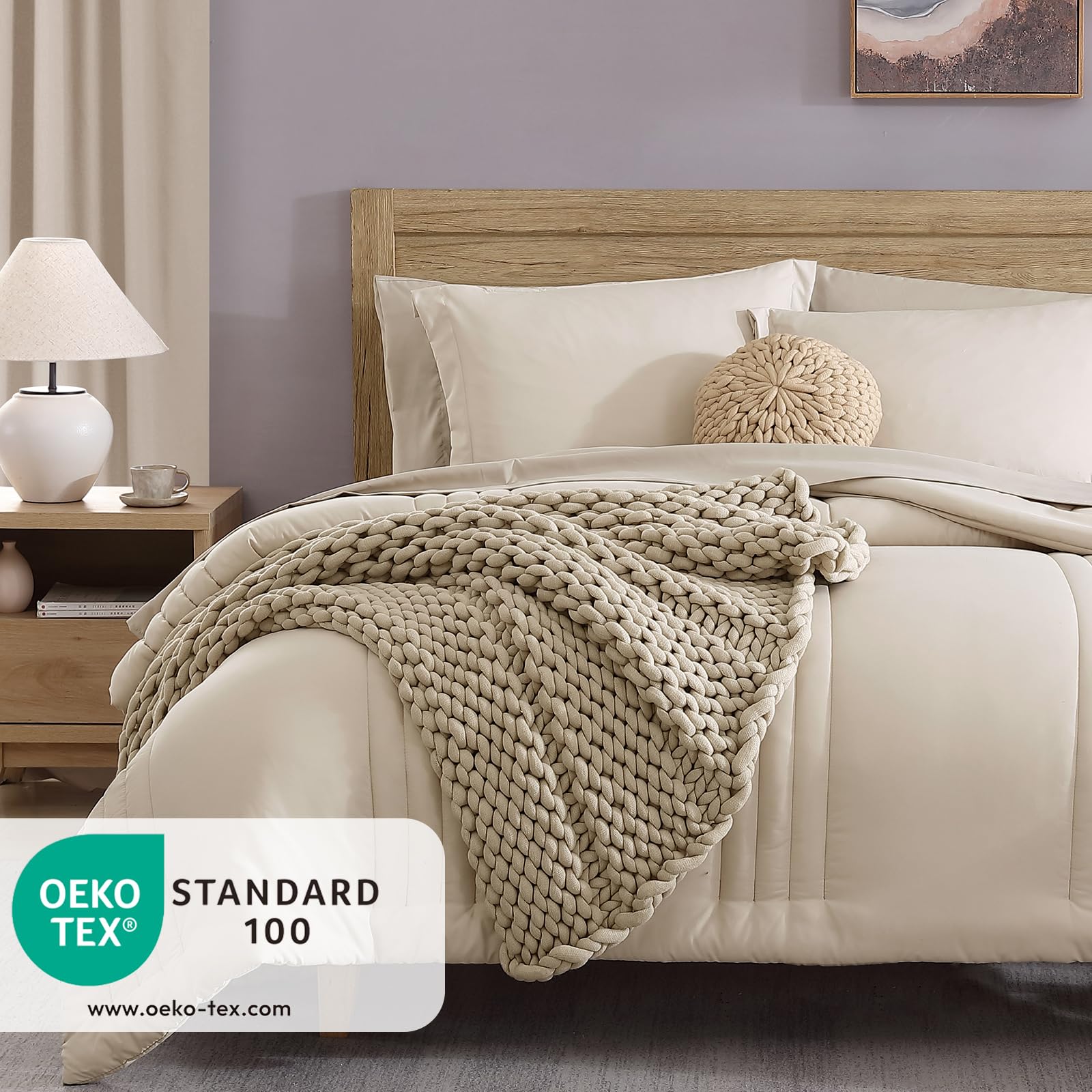 Monbix 7-Piece Full Comforter Set - Apricot Beige All Seasons Down Alternative Bedding | Includes Comforter, Sheets, Pillowcases & Shams | Perfect for Master Bedroom, Guest Room & Dorm Decor