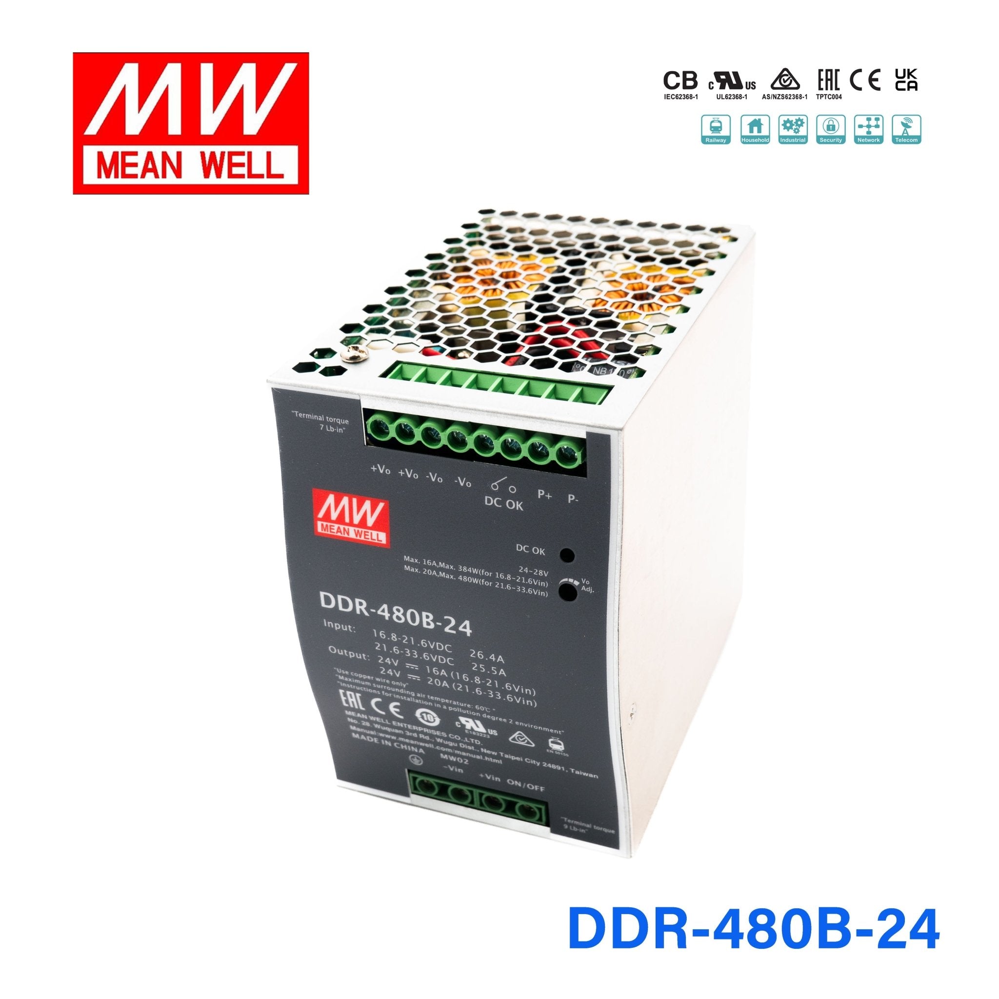 Mean Well DDR-480B 24V 480W DC-DC Converter | 16.8-33.6V Input to 24V Output | Ideal for Industrial Automation, Telecom Equipment & Renewable Energy Systems