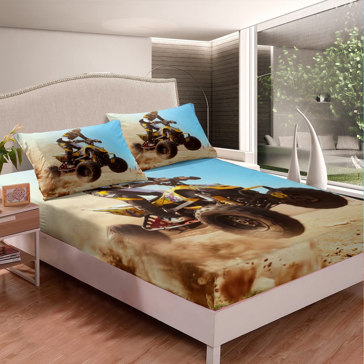 Homewish Motorcycle ATV Rider Themed Bedding Set for Kids, Boys & Teens - 2pc Microfiber Twin XL Sheet Set (1 Fitted Sheet + 1 Pillowcase) - Durable, Soft & Easy Care - Perfect for Motorbike Lovers' Bedrooms & Dorm Rooms