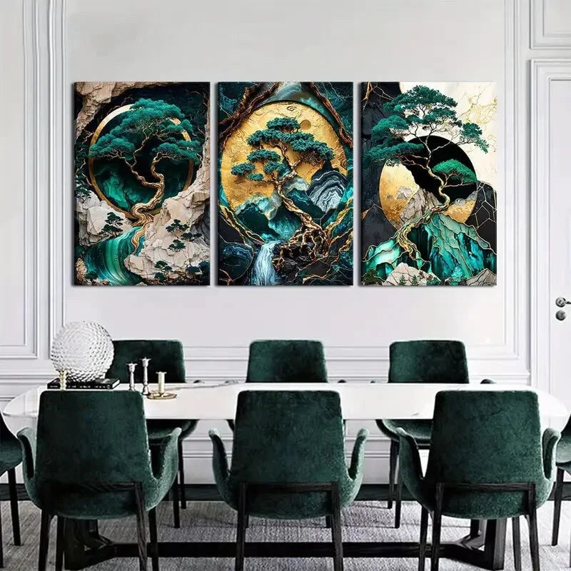 3-Piece Green and Golden Landscape Oil Painting Metal Prints - Ready to Hang Wall Art for Living Room, Bedroom & Office Decor