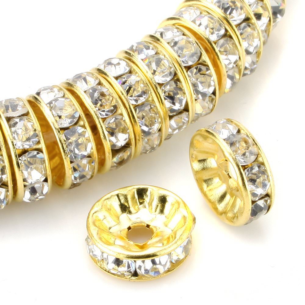 200pcs AAA Grade Crystal Rhinestone Rondelle Spacer Beads - 8mm (0.31 Inch) Crystal Clear Gold Plated Brass Beads for DIY Jewelry Making, Crafting, Bracelets & Necklace Designs - Perfect for Bridal, Party & Fashion Accessories