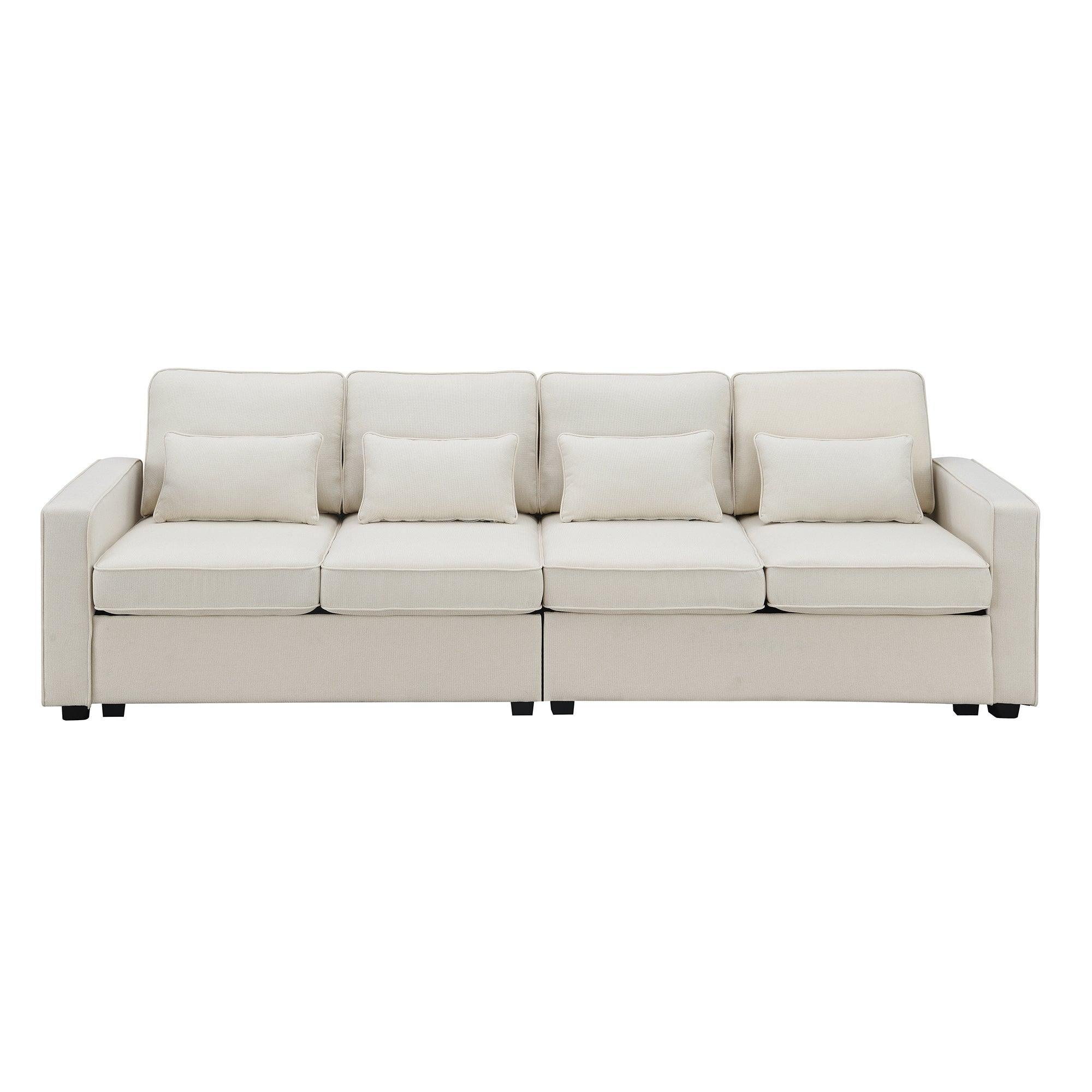 Modern 4-Seater Linen Fabric Sofa with Armrest Storage Pockets & 4 Throw Pillows - Minimalist Living Room Couch for Small Spaces, Apartments and Cozy Home Decor