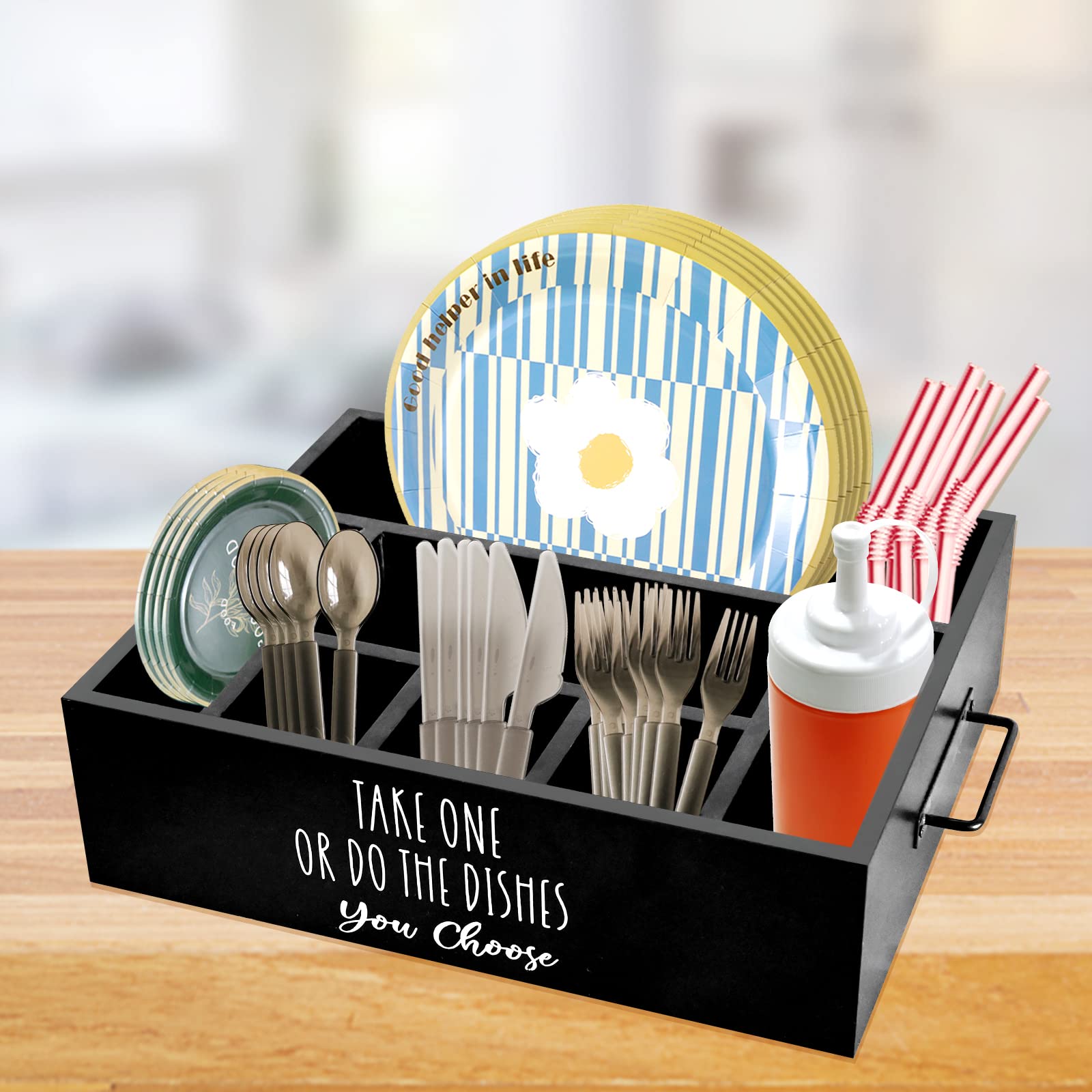 Disposable Plastic Utensil Organizer - Black Party Serving Caddy for Spoon, Fork, Knife, Cup & Napkin Storage | Portable Kitchen Counter & Buffet Organizer | Perfect for Camping, BBQ, Picnics & Events